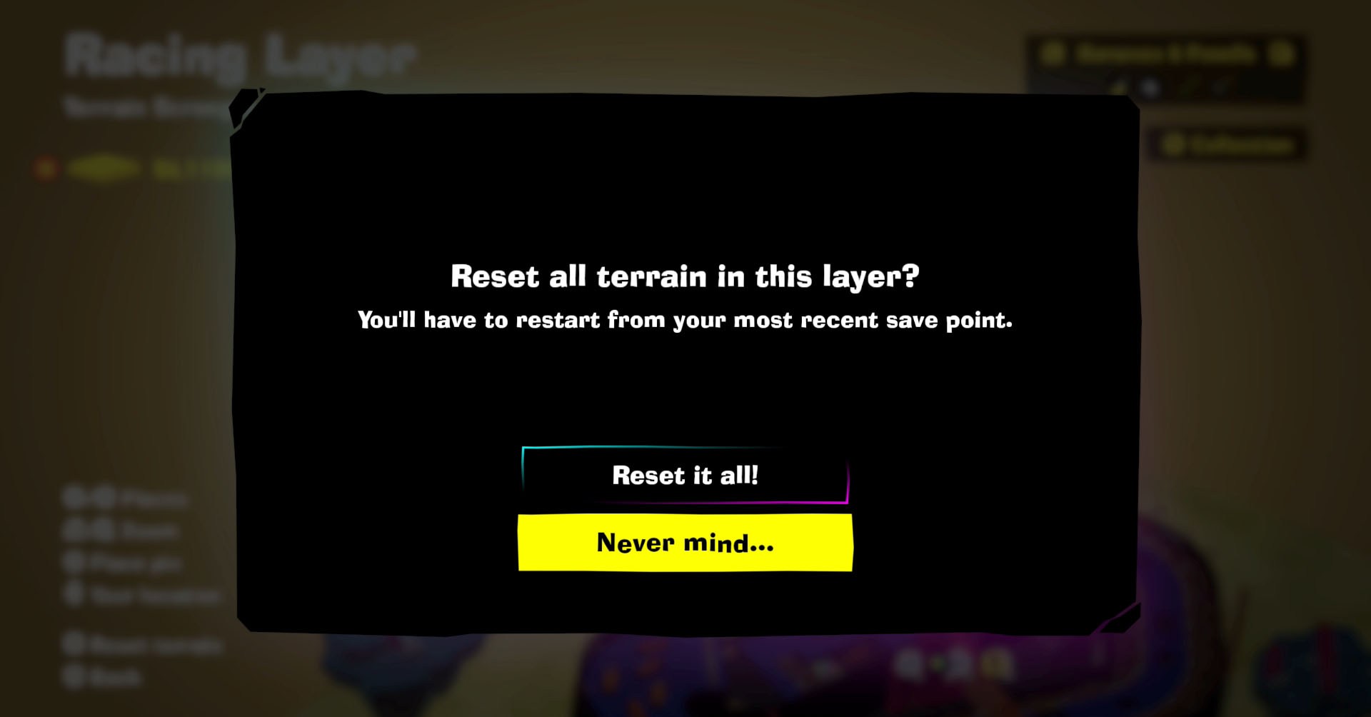 Uma captura de tela de Bananza de Donkey Kong mostra a mensagem que aparece quando você usa o comando Redefinir Terreno. Uma captura de tela de Bananza de Donkey Kong mostra a mensagem que aparece quando você usa o comando Redefinir Terreno.