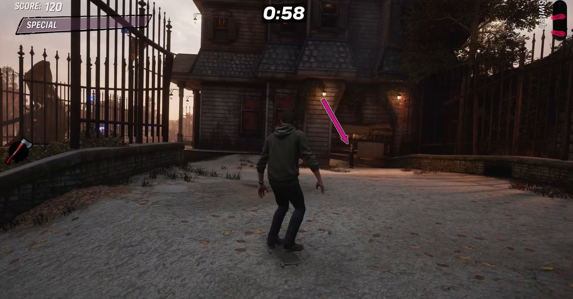 A captura de tela Pro 3 de Tony Hawk mostrando onde você encontra o homem magro para entregar o machado que ele está procurando.