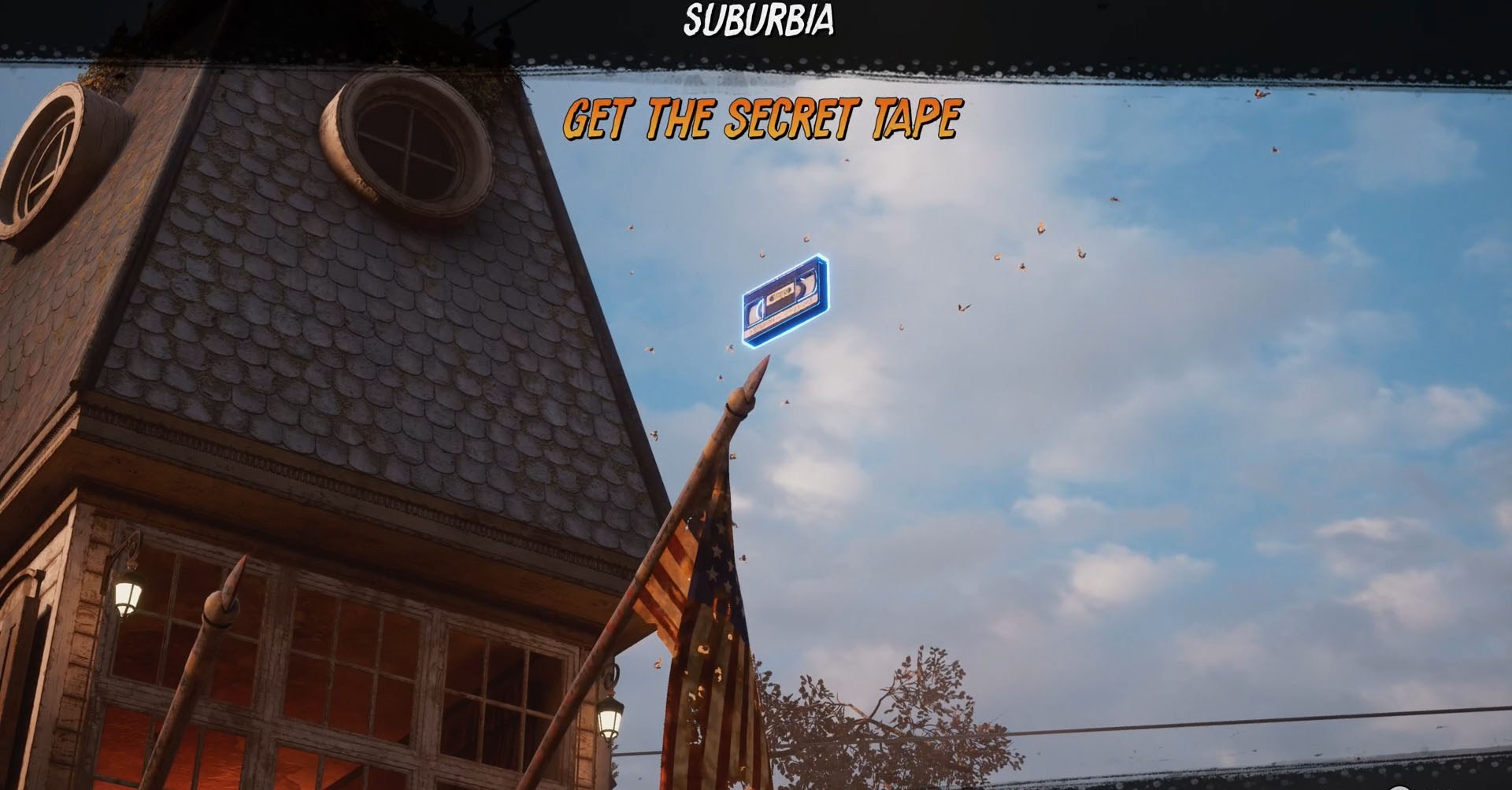 A captura de tela Pro 3 de Tony Hawk mostra a localização da fita secreta no nível do subúrbio.