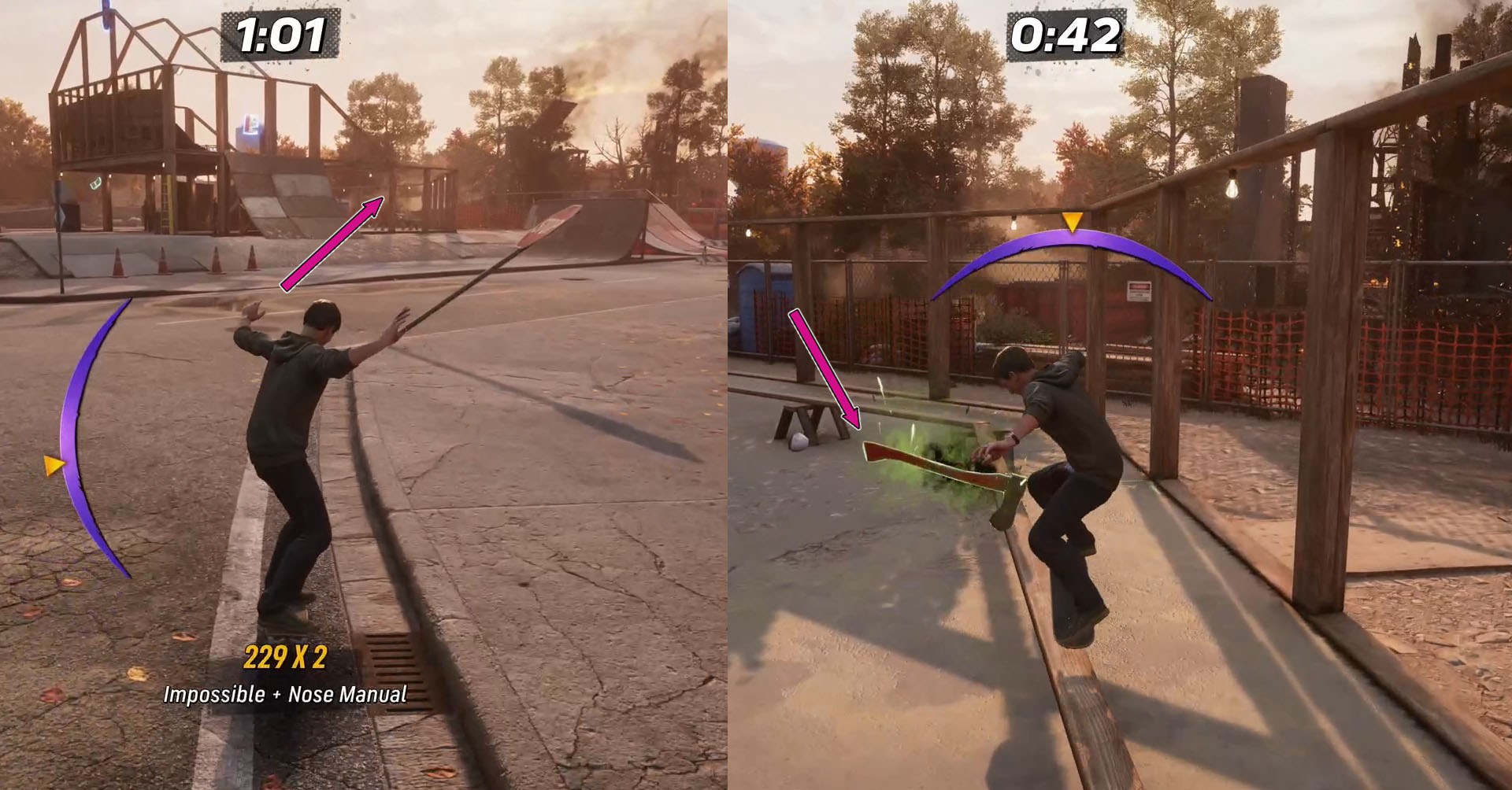 Uma montagem de duas capturas de tela do Skater 3 de Tony Hawk, onde você pode encontrar o machado para completar o objetivo 