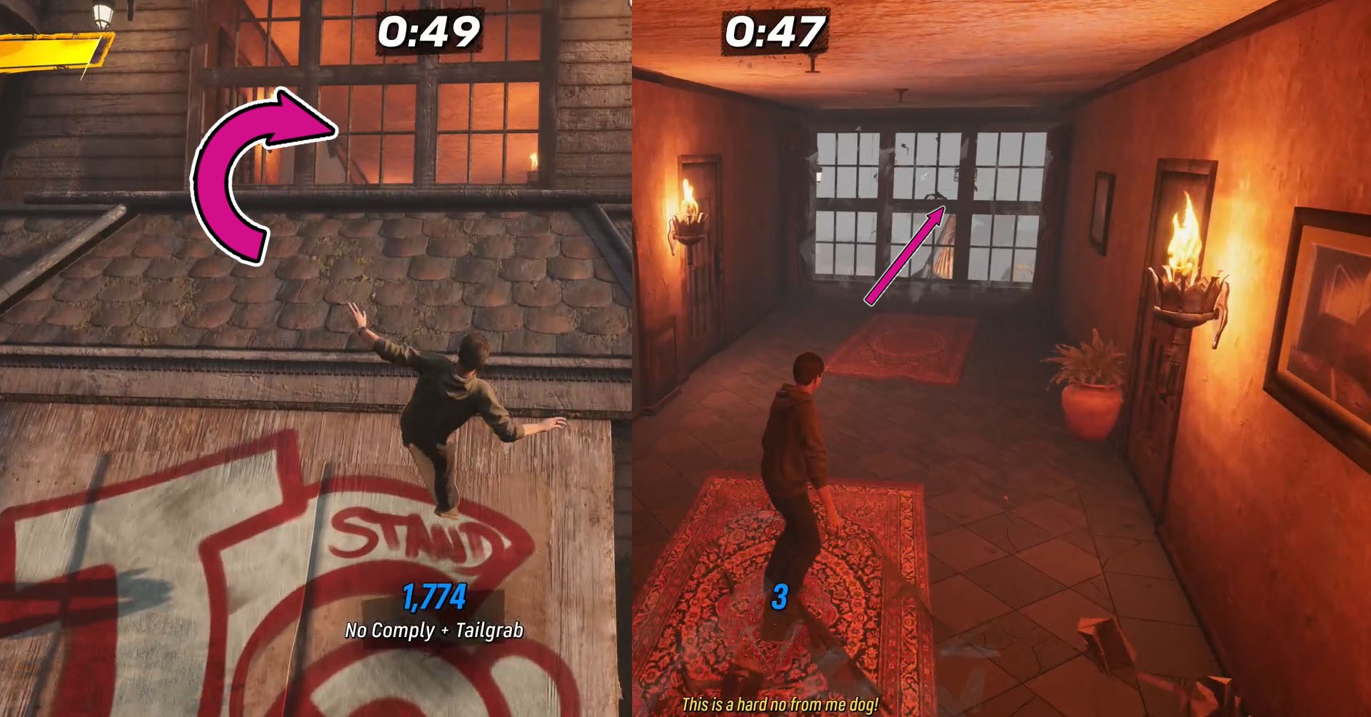 Uma montagem de duas capturas de tela Pro 3 de Tony Hawk, mostrando a janela através da qual você acessa o corredor que permite coletar a fita secreta nos subúrbios.