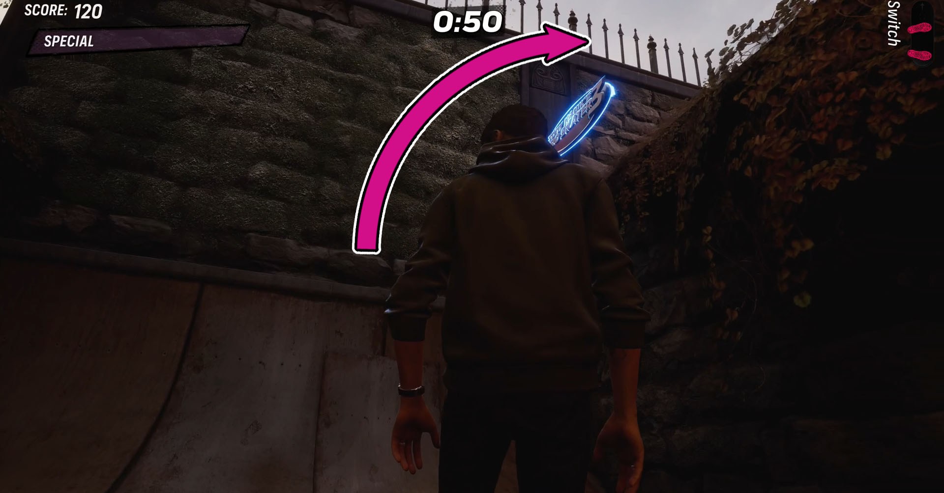 A captura de tela Pro 3 de Tony Hawk mostrando como acessar a tigela secreta atrás da casa mal -assombrada.