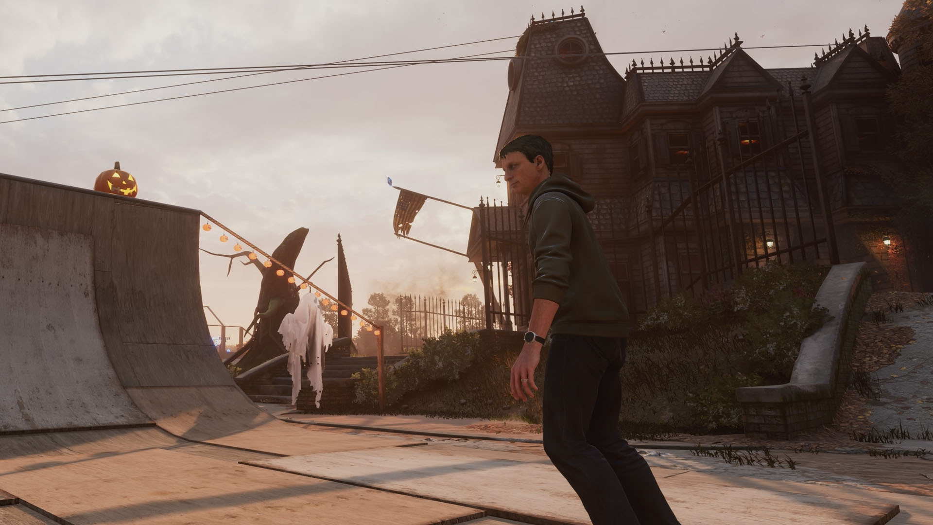 A captura de tela Pro 3 de Tony Hawk mostrando Tony Hawk em frente a uma casa mal -assombrada.