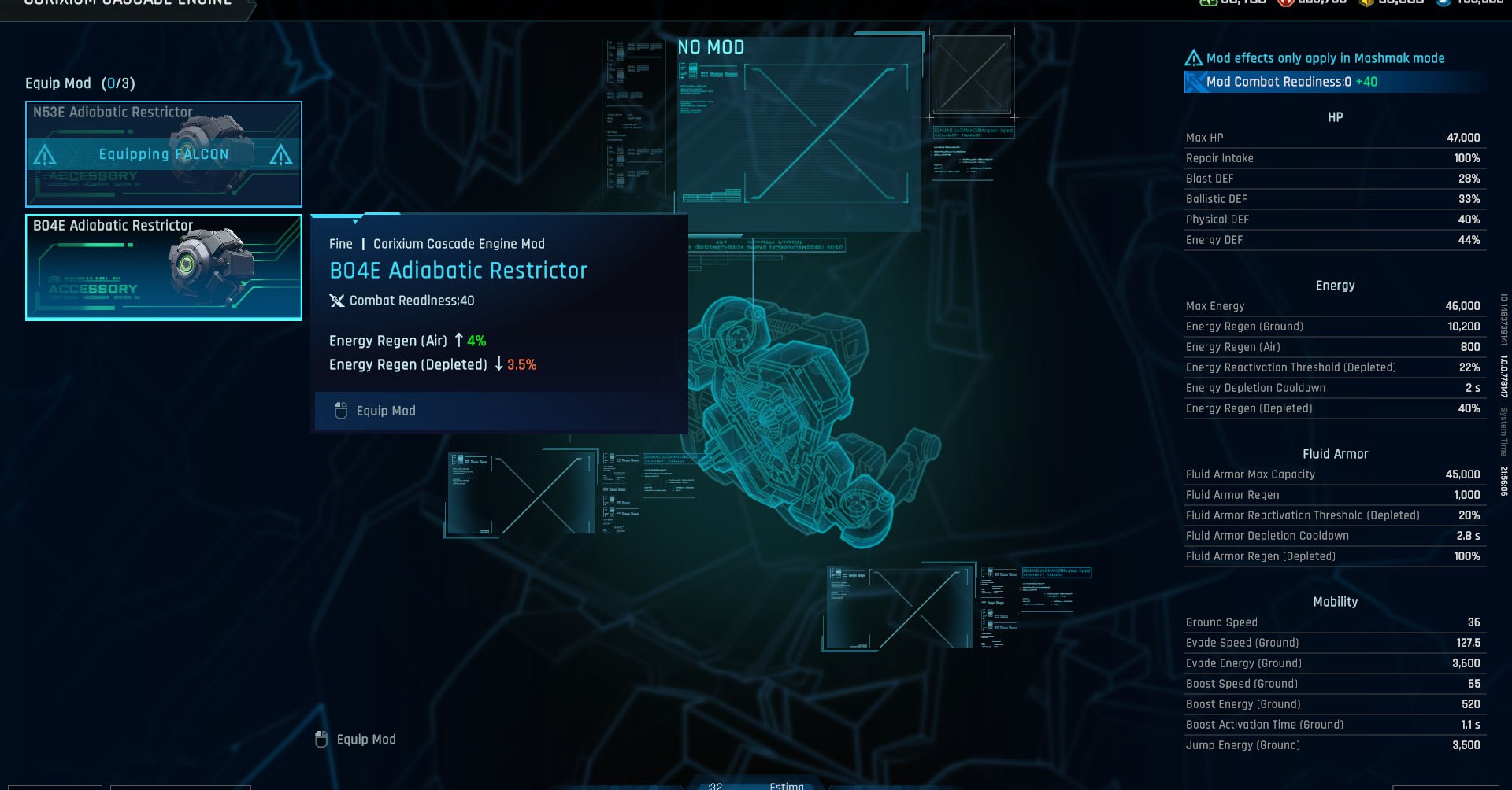 Uma captura de tela de mecha break mostrando o mod meny e todas as estatísticas de um mecha