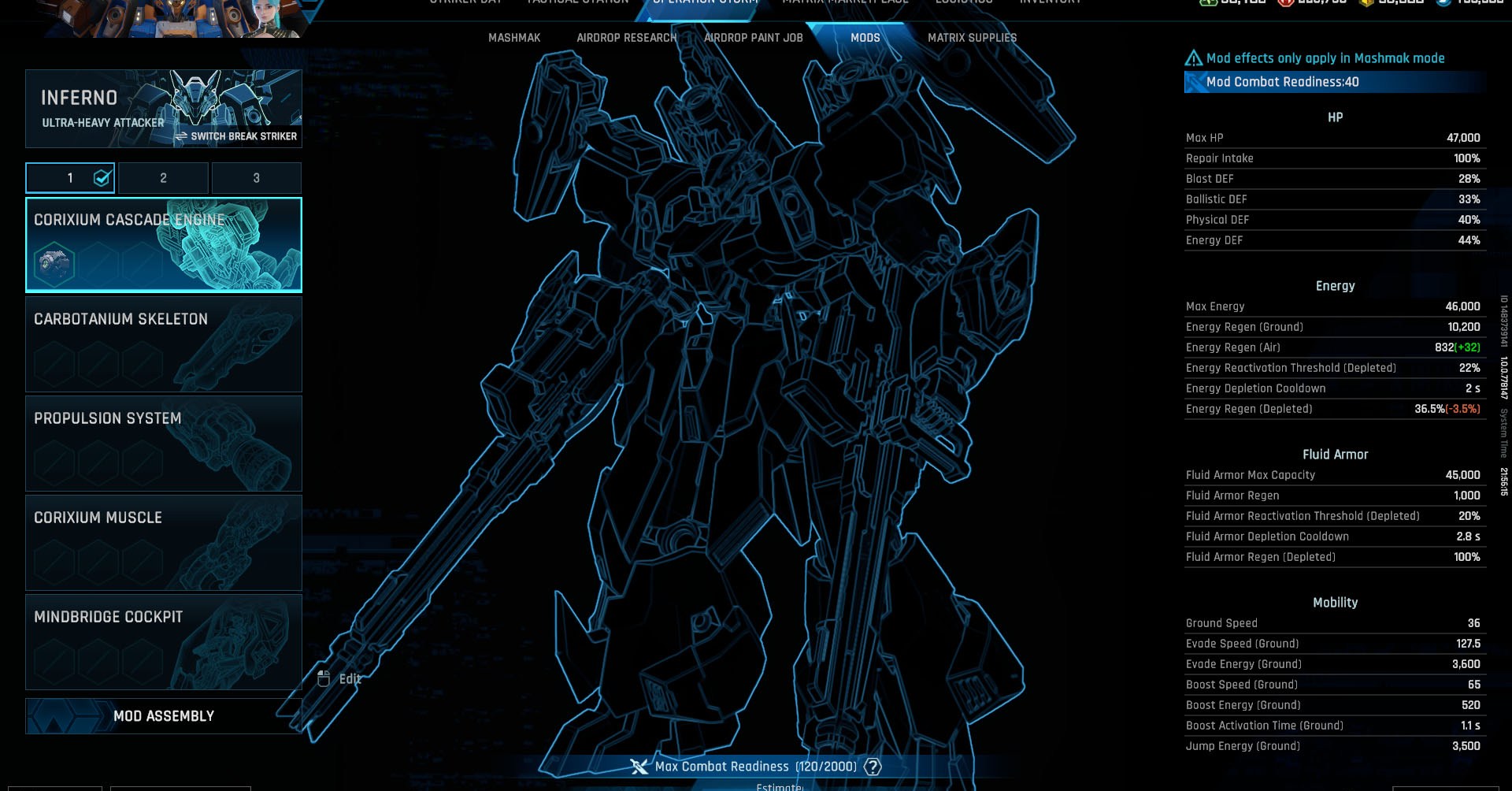 Uma captura de tela do Mecha Break mostrando o menu Mods e as cinco seções nas quais você pode adicionar mods.