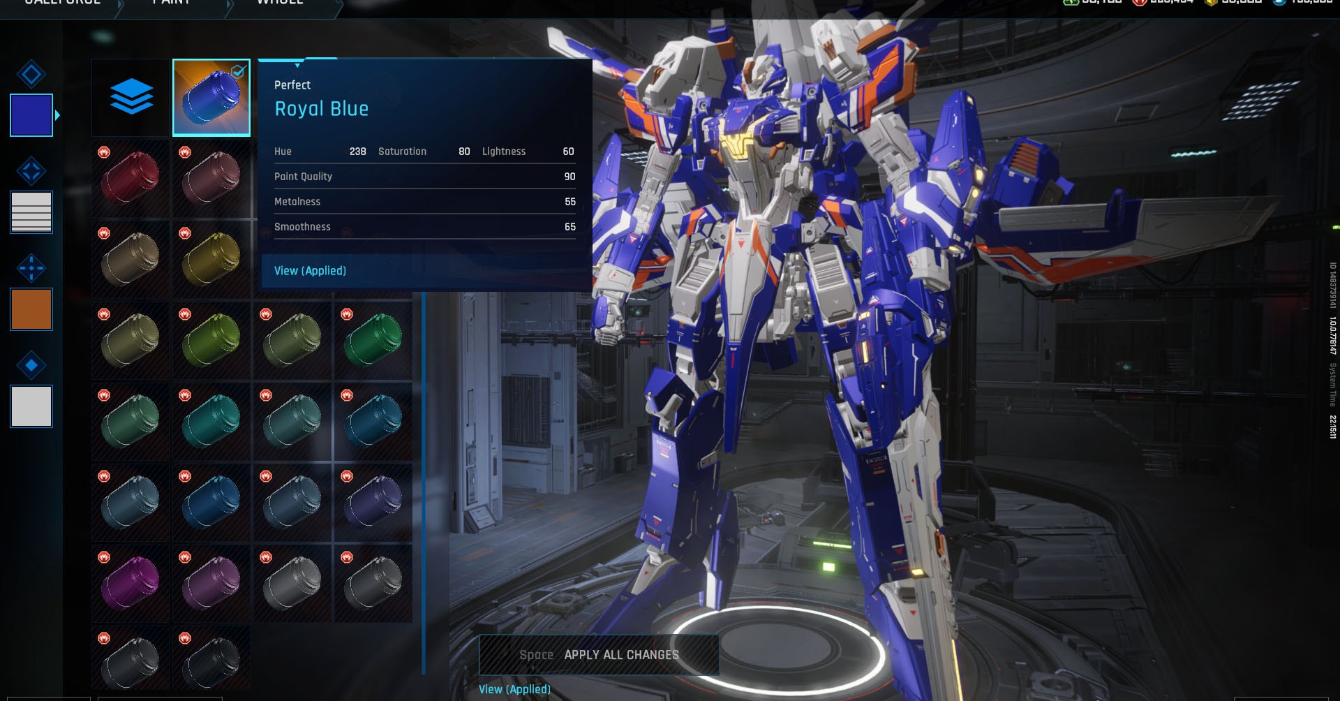 Uma captura de tela de mecha break mostrando um mecha pintado em azul e a cor “azul real” sendo selecionada. Uma captura de tela de mecha break mostrando um mecha pintado em azul e a cor “azul real” sendo selecionada.