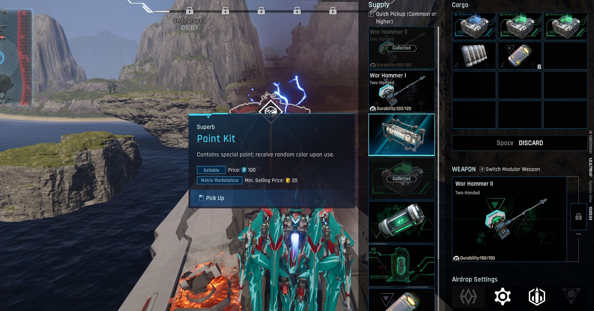 Uma captura de tela de mecha break mostrando um mecha em uma missão de extração saqueando um inimigo que tem um kit de tinta. Uma captura de tela de mecha break mostrando um mecha em uma missão de extração saqueando um inimigo que tem um kit de tinta.