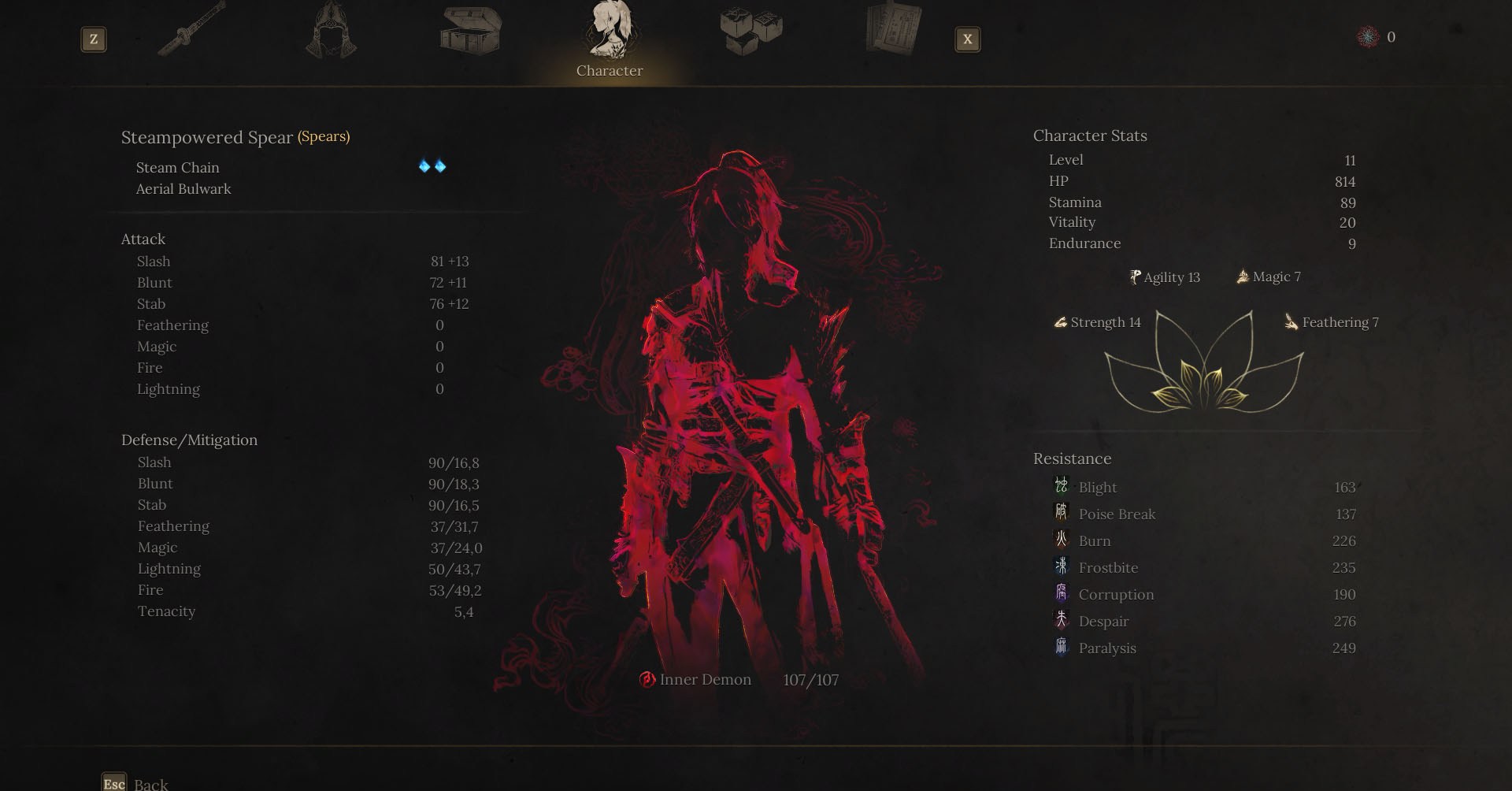 A Wuchang: Creatshot de penas caídas mostrando o menu do personagem. Nele, você pode ver a silhueta de Wuchang em vermelho, representando o nível de loucura que ela é. Existem algumas estatísticas descritas em outras seções da tela, como ataque, defesa, resistência e outras estatísticas.