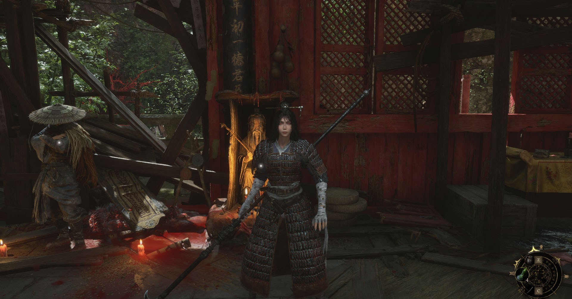 Uma captura de tela de penas caídas mostrando o personagem principal, Wuchang, de frente para a câmera com olhos brilhantes vermelhos. Ela está ao lado de um santuário. 