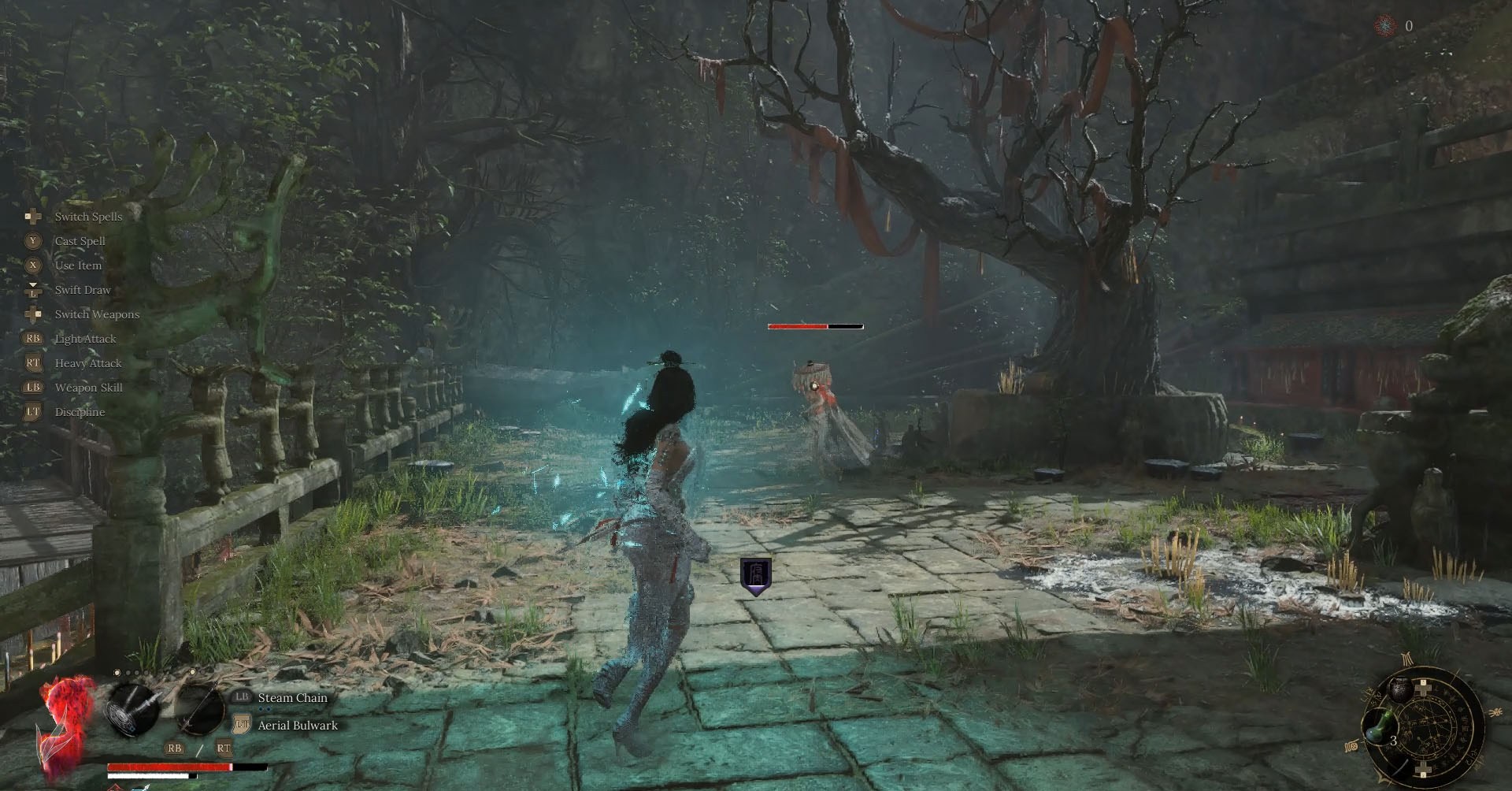 Uma captura de tela de penas caídas, mostrando o personagem principal voltado para uma figura humanóide vestindo algumas roupas brancas. 