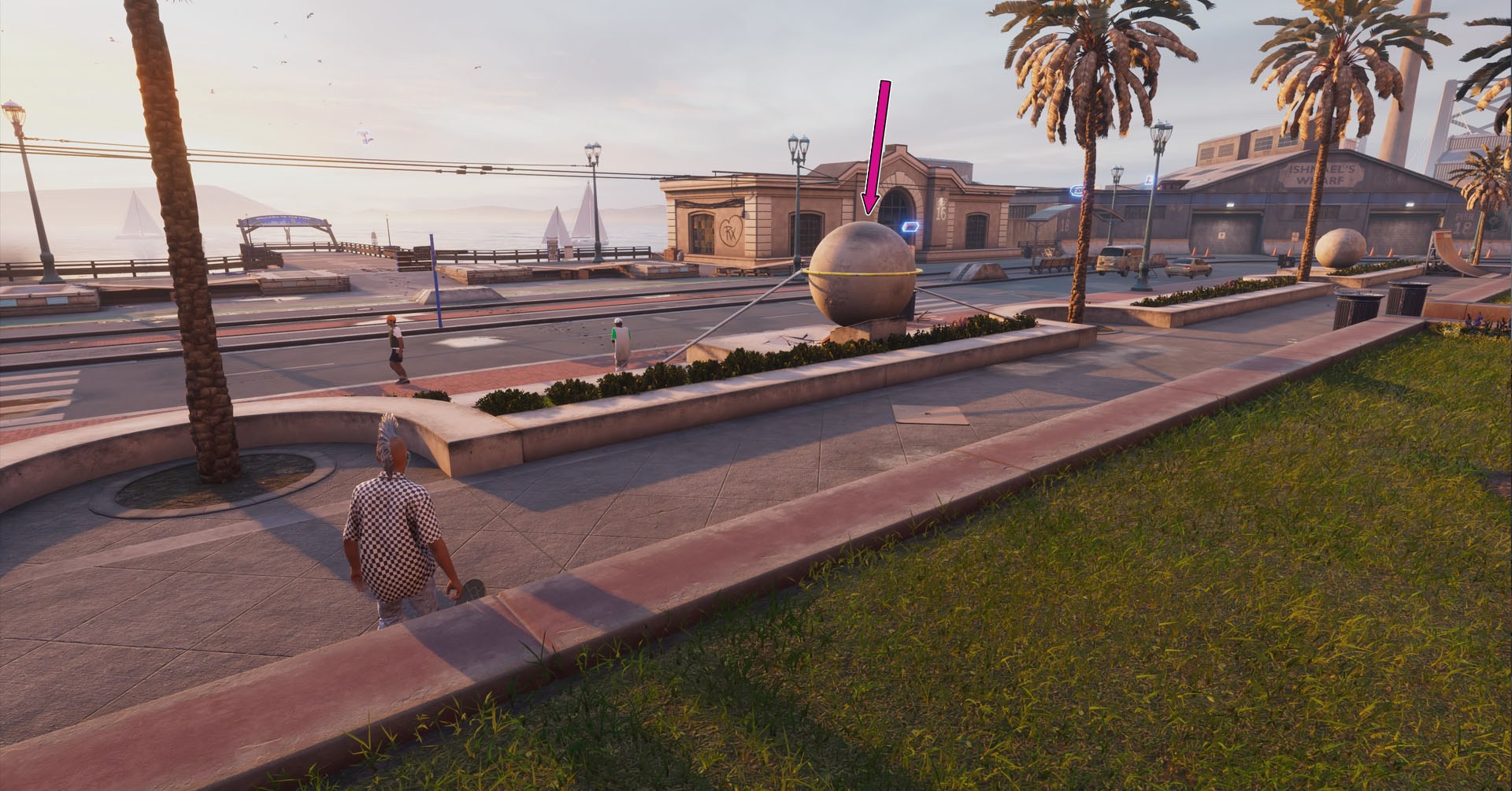 A captura de tela do Skater 4 de Tony Hawk mostrando um personagem ao lado de uma pedra que os jogadores precisam usar para completar o salvar o pintor Neal !!! meta. A captura de tela do Skater 4 de Tony Hawk mostrando um personagem ao lado de uma pedra que os jogadores precisam usar para completar o salvar o pintor Neal !!! meta.