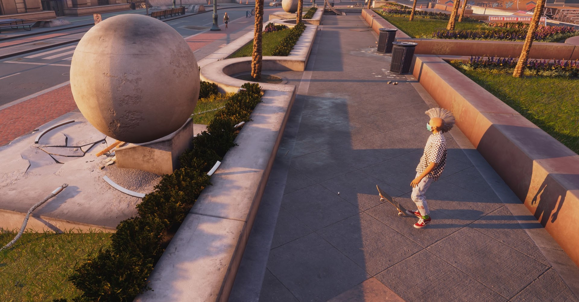 A captura de tela do Skater 4 de Tony Hawk mostrando um caráter de uma pedra no nível de Los Angeles. A captura de tela do Skater 4 de Tony Hawk mostrando um caráter de uma pedra no nível de Los Angeles.