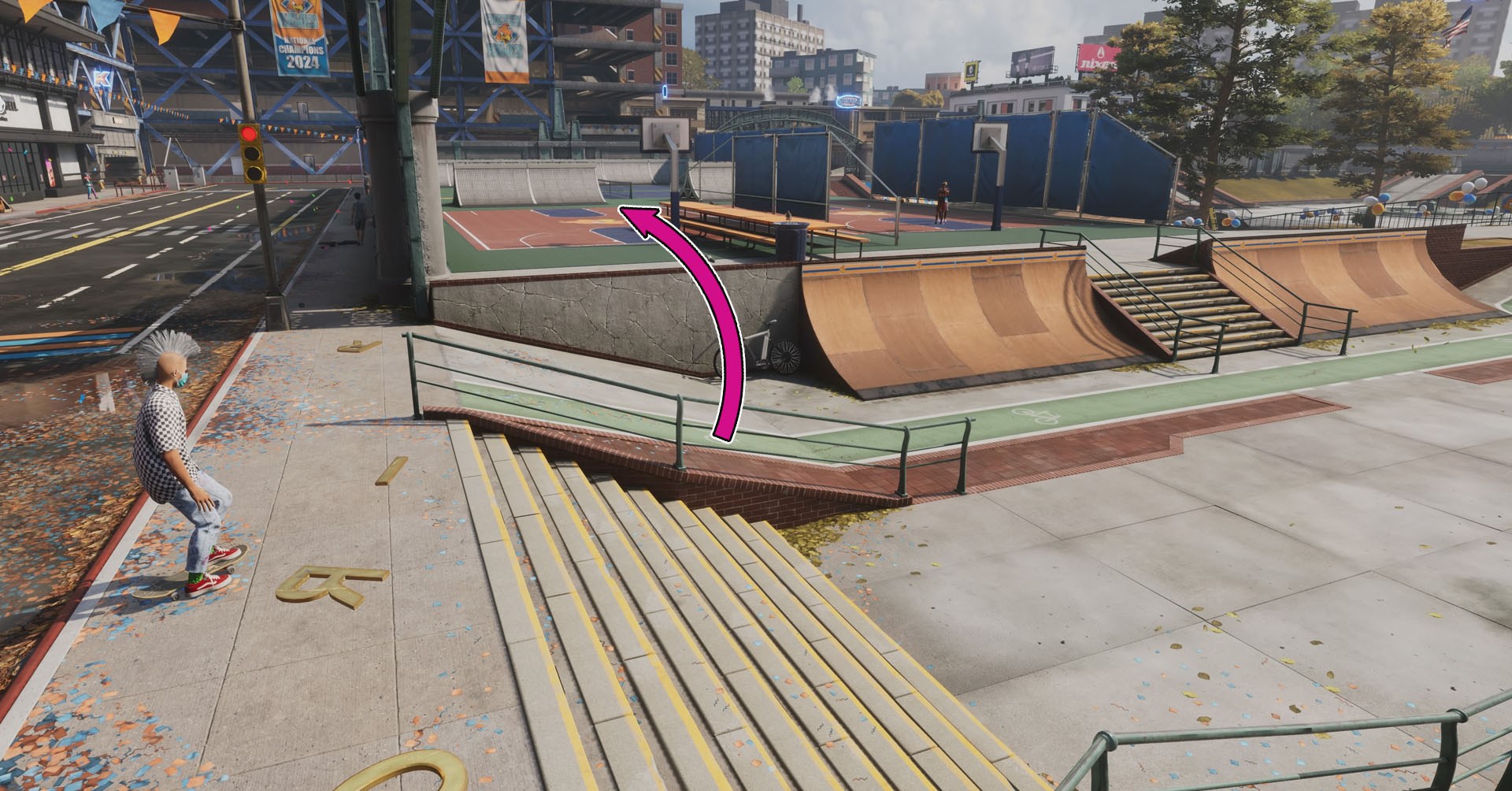 A captura de tela do Skater 4 de Tony Hawk mostrando um personagem voltado para uma parte do skate e uma seta rosa mostrando uma seção específica do mapa. A captura de tela do Skater 4 de Tony Hawk mostrando um personagem voltado para uma parte do skate e uma seta rosa mostrando uma seção específica do mapa.