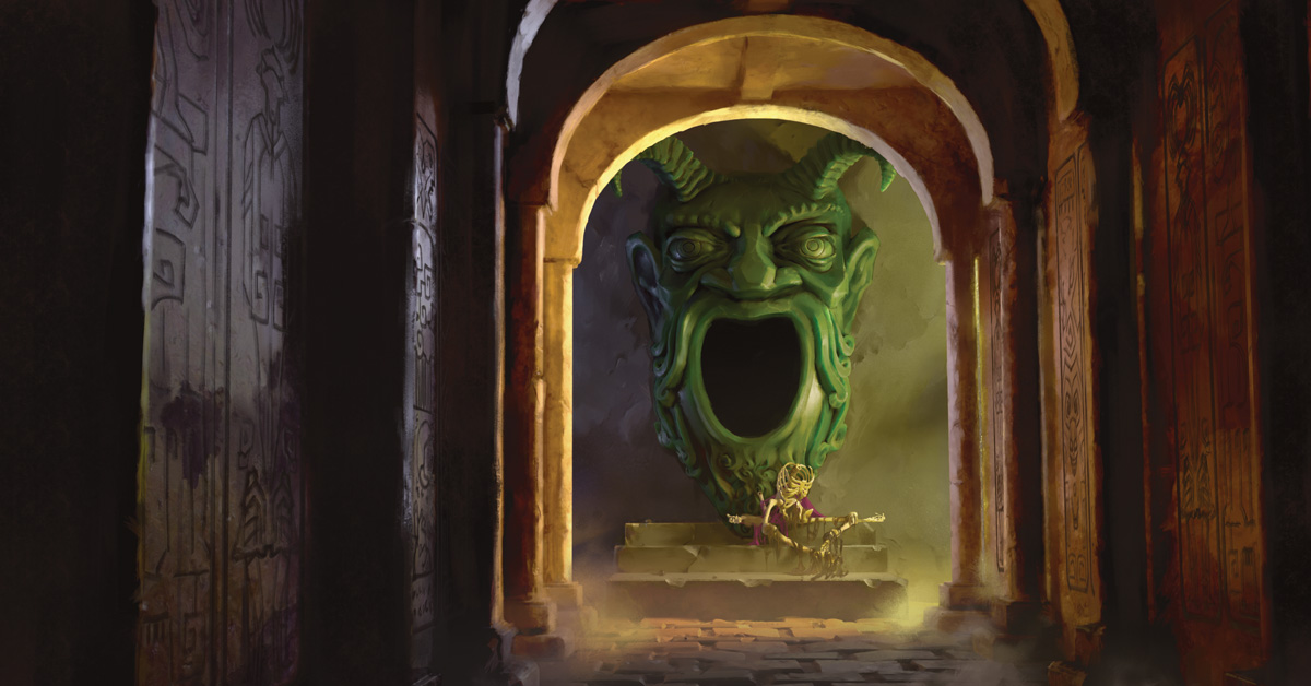 O rosto do diabo verde em frente à entrada do túmulo dos horrores: uma mawla