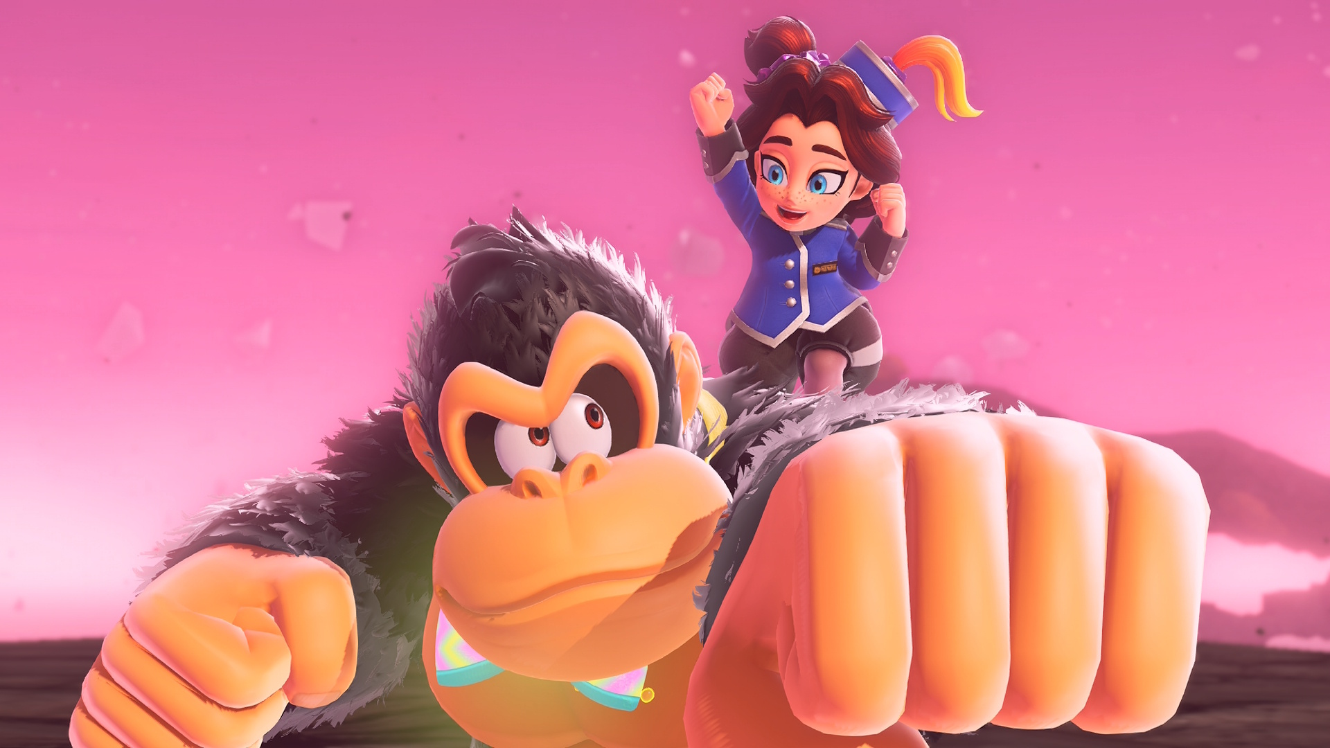 DK em Donkey Kong Bananza, dando um grande soco e olhando para Pauline, que está torcendo por ele