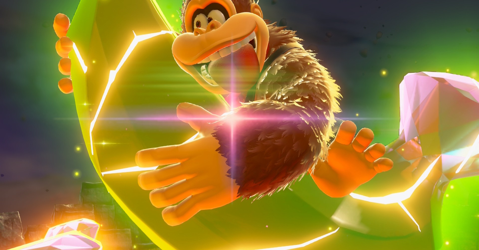 Donkey Kong segurando uma jóia gigante de Banandium em Donkey Kong Bananza Donkey Kong segurando uma jóia gigante de Banandium em Donkey Kong Bananza