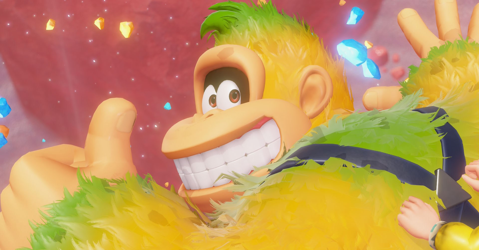 Uma captura de tela de Bananza de Donkey Kong mostrando DK sorrindo e fazendo um polegar para cima Uma captura de tela de Bananza de Donkey Kong mostrando DK sorrindo e fazendo um polegar para cima
