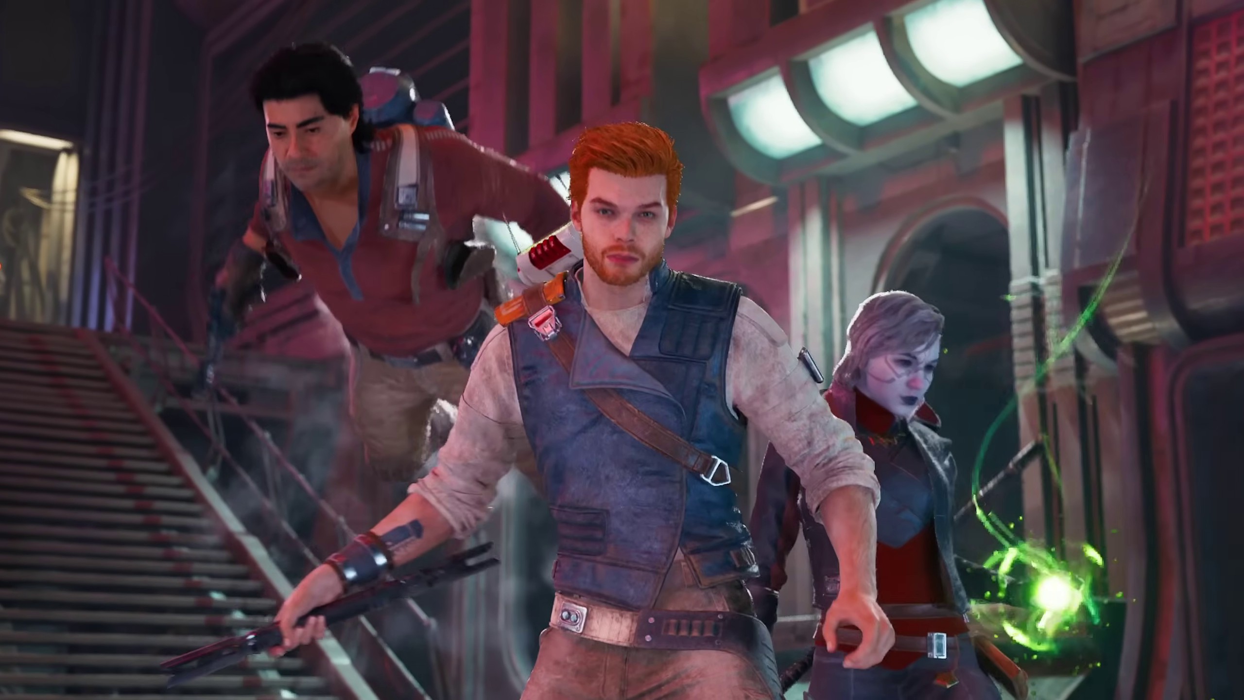 Cal Kestis, Bode Akuna e Merrin estão juntos, Cal no meio, Bode à sua esquerda e Merrin à sua direita.