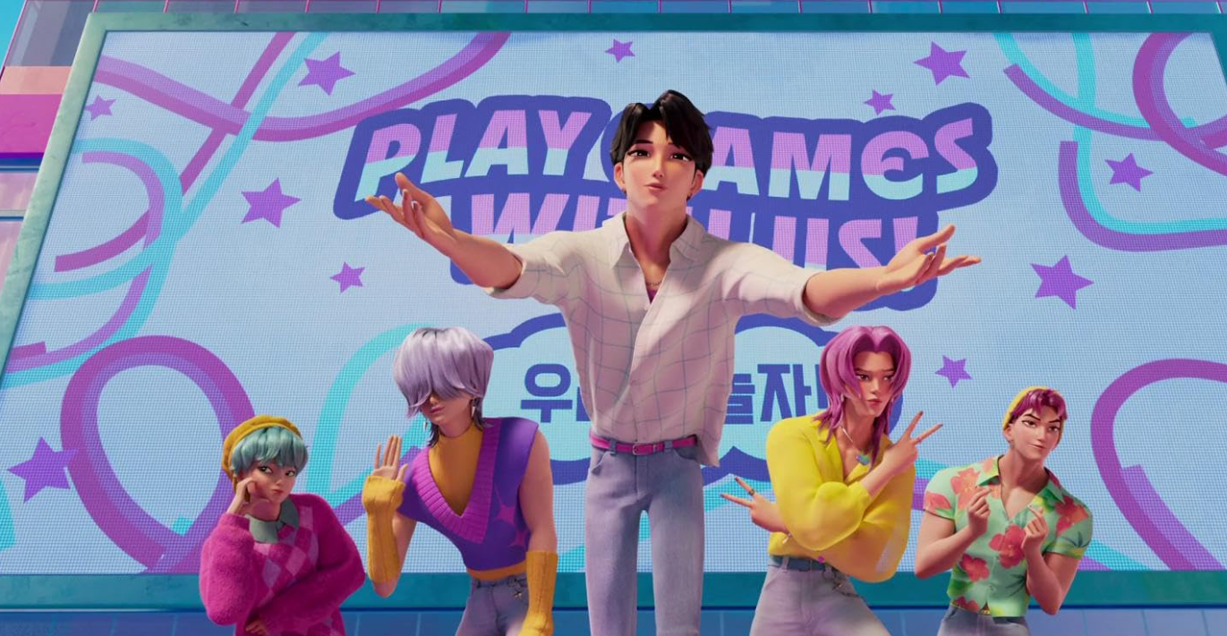 Um grupo de cinco homens de animação - os meninos saja dos caçadores de demônios do K -pop - curvam -se em respeito. O homem no meio, Jinu, abre os braços.