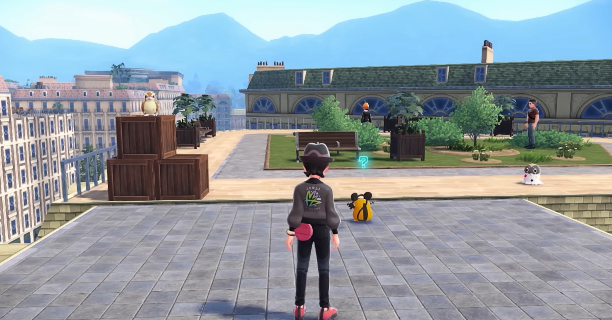 Um treinador de Pokemon em Legends Za se aproximando de dois Pokémon em um telhado, ambos apenas de pé ali Um treinador de Pokemon em Legends Za se aproximando de dois Pokémon em um telhado, ambos apenas de pé ali