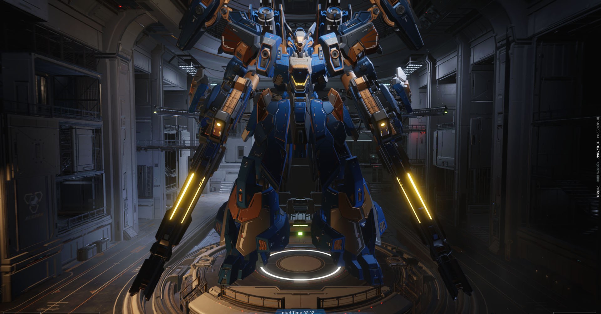 Uma captura de tela do Mecha Break mostrando um grande mecha azul segurando duas armas. Uma captura de tela do Mecha Break mostrando um grande mecha azul segurando duas armas.