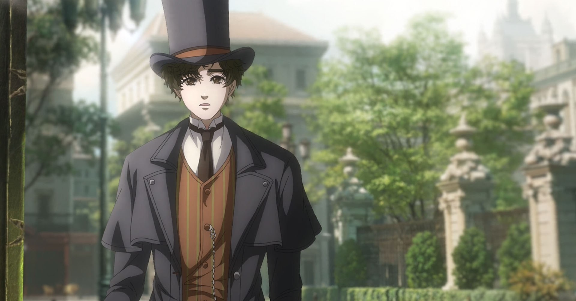 Uma cena do Senhor dos Mistérios mostrando Klein Moretti, um jovem vestindo uma cartola e um longo casaco preto à moda vitoriana.