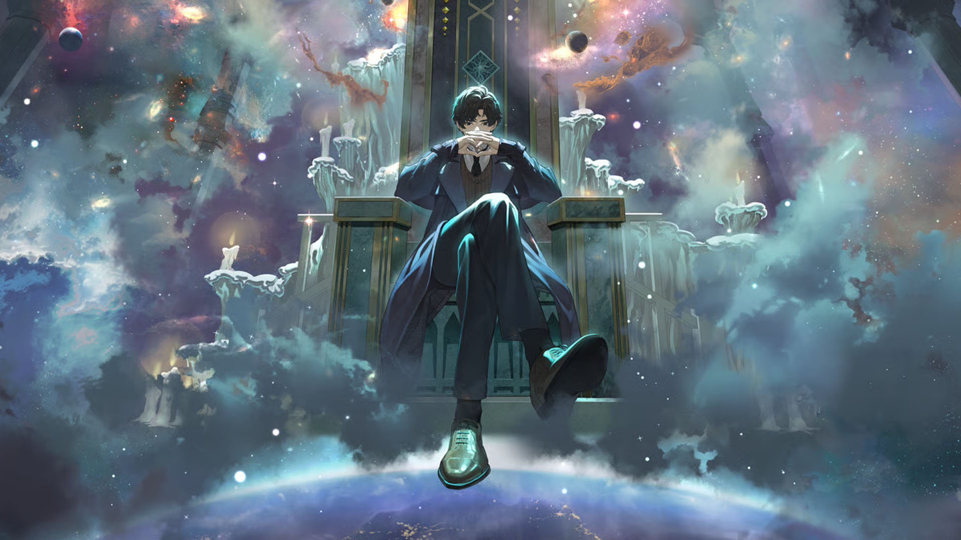 A arte oficial do Senhor dos Mistérios, mostrando o personagem principal Klein sentado em um trono cercado por neblina e luzes misteriosas