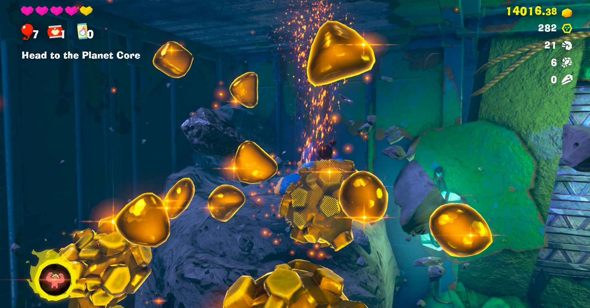Grandes e pequenos pedaços de ouro voando pelo ar em Donkey Kong Bananza Grandes e pequenos pedaços de ouro voando pelo ar em Donkey Kong Bananza