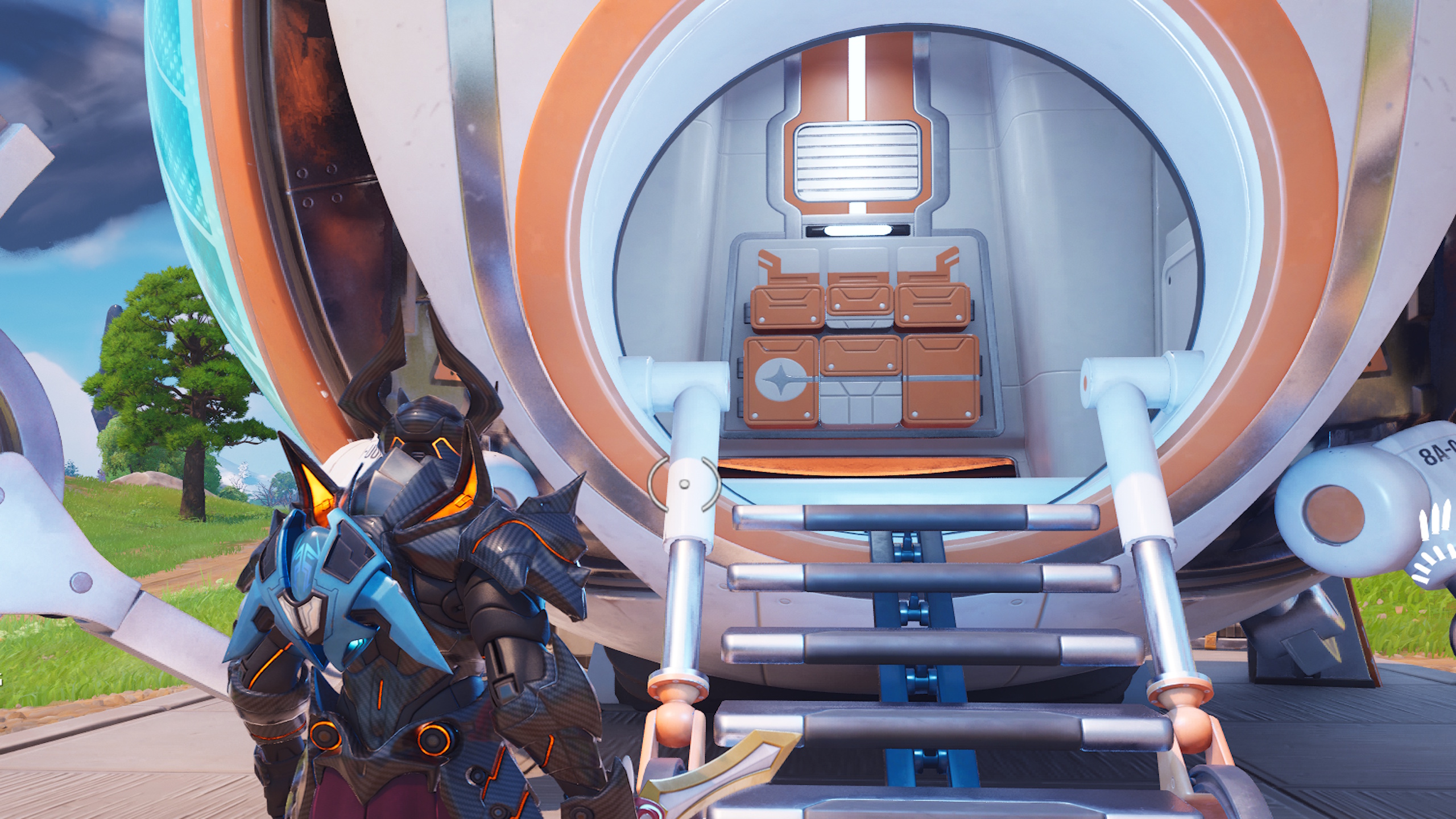 Um ator de Fortnite na pele de Omega Knight do lado de fora de um laboratório de tecnologia da academia