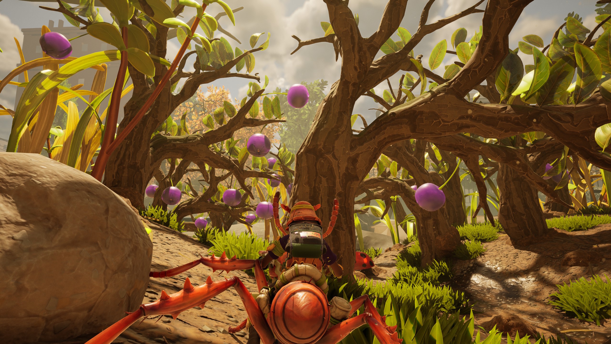 Willow de Grounded 2, montando um buggy de formiga e olhando para uma floresta de mirtilos