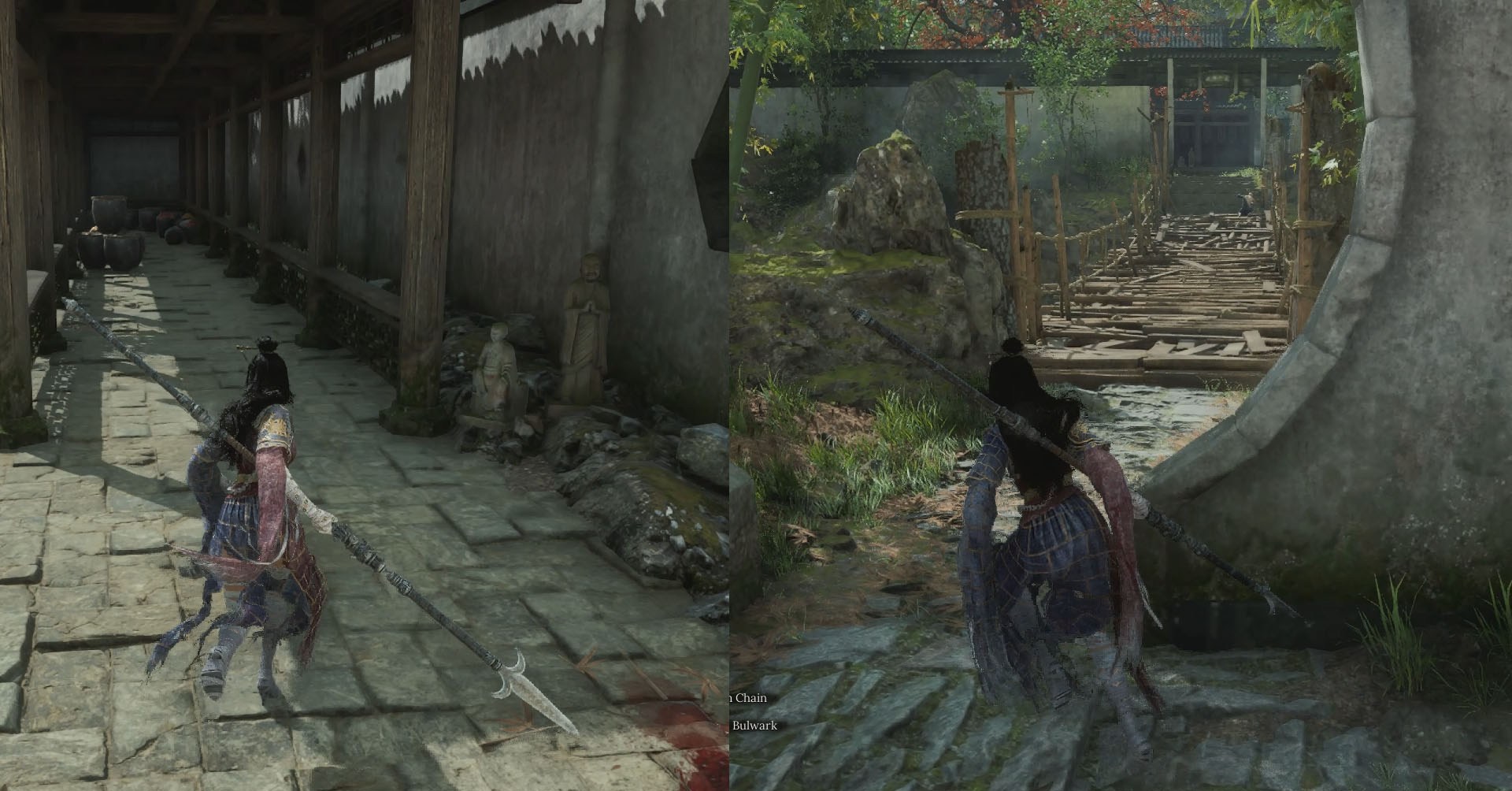 Uma montagem de duas capturas de tela de Wuchang: Feathers, mostrando o caminho que você precisa seguir para encontrar o inimigo que solta o item de pintura cênica. No lado esquerdo, você vê o personagem seguindo um corredor, enquanto do lado direito, o personagem está indo para uma ponte feita de madeira. Uma montagem de duas capturas de tela de Wuchang: Feathers, mostrando o caminho que você precisa seguir para encontrar o inimigo que solta o item de pintura cênica. No lado esquerdo, você vê o personagem seguindo um corredor, enquanto do lado direito, o personagem está indo para uma ponte feita de madeira.