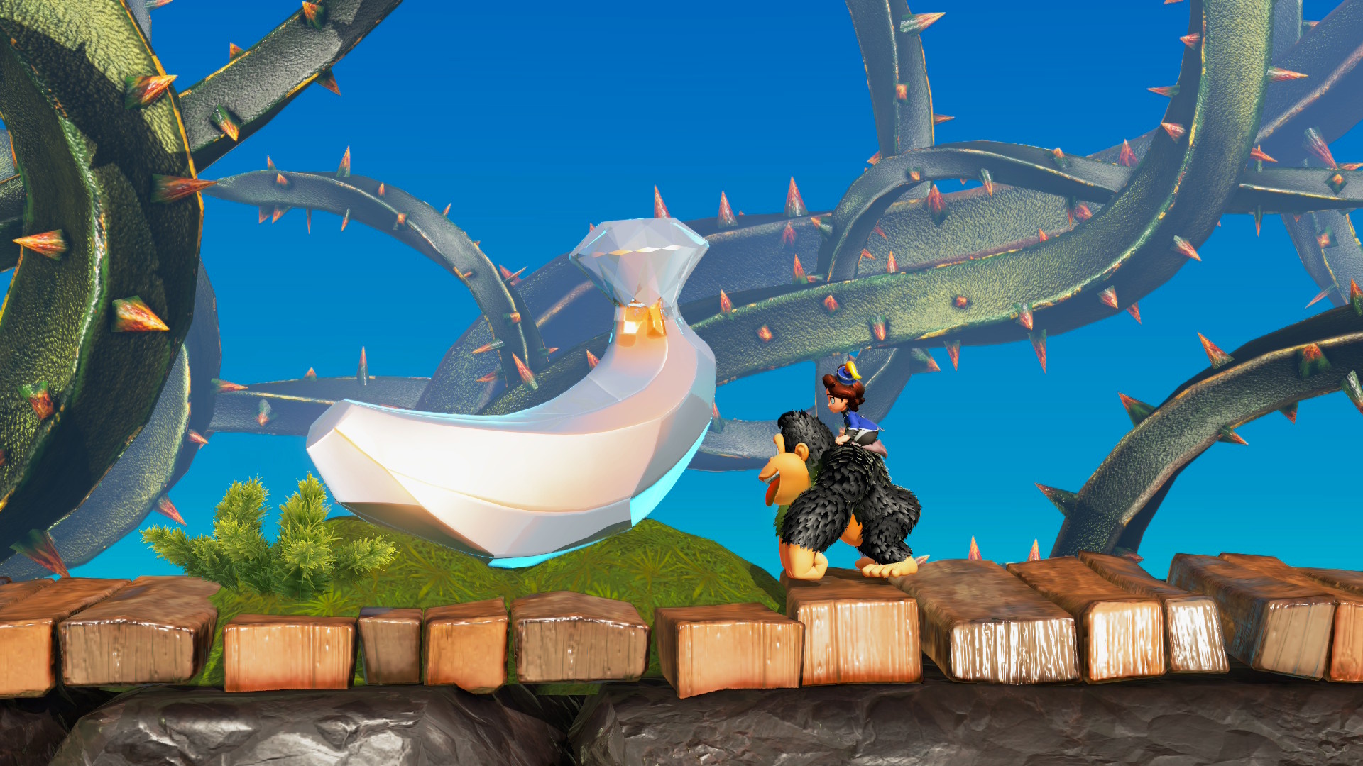 DK em Donkey Kong Bananza, parado ao lado de uma jóia de Banandium em Bramble Country