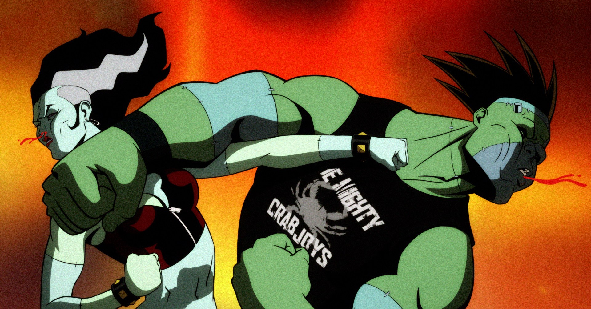 A noiva e Frankenstein na série DCU Creature Commandos níveis de Mighty Haymakers um para o outro, socando e sendo um soco simultaneamente. Eles estão usando roupas punk rock dos anos 90. A noiva e Frankenstein na série DCU Creature Commandos níveis de Mighty Haymakers um para o outro, socando e sendo um soco simultaneamente. Eles estão usando roupas punk rock dos anos 90.