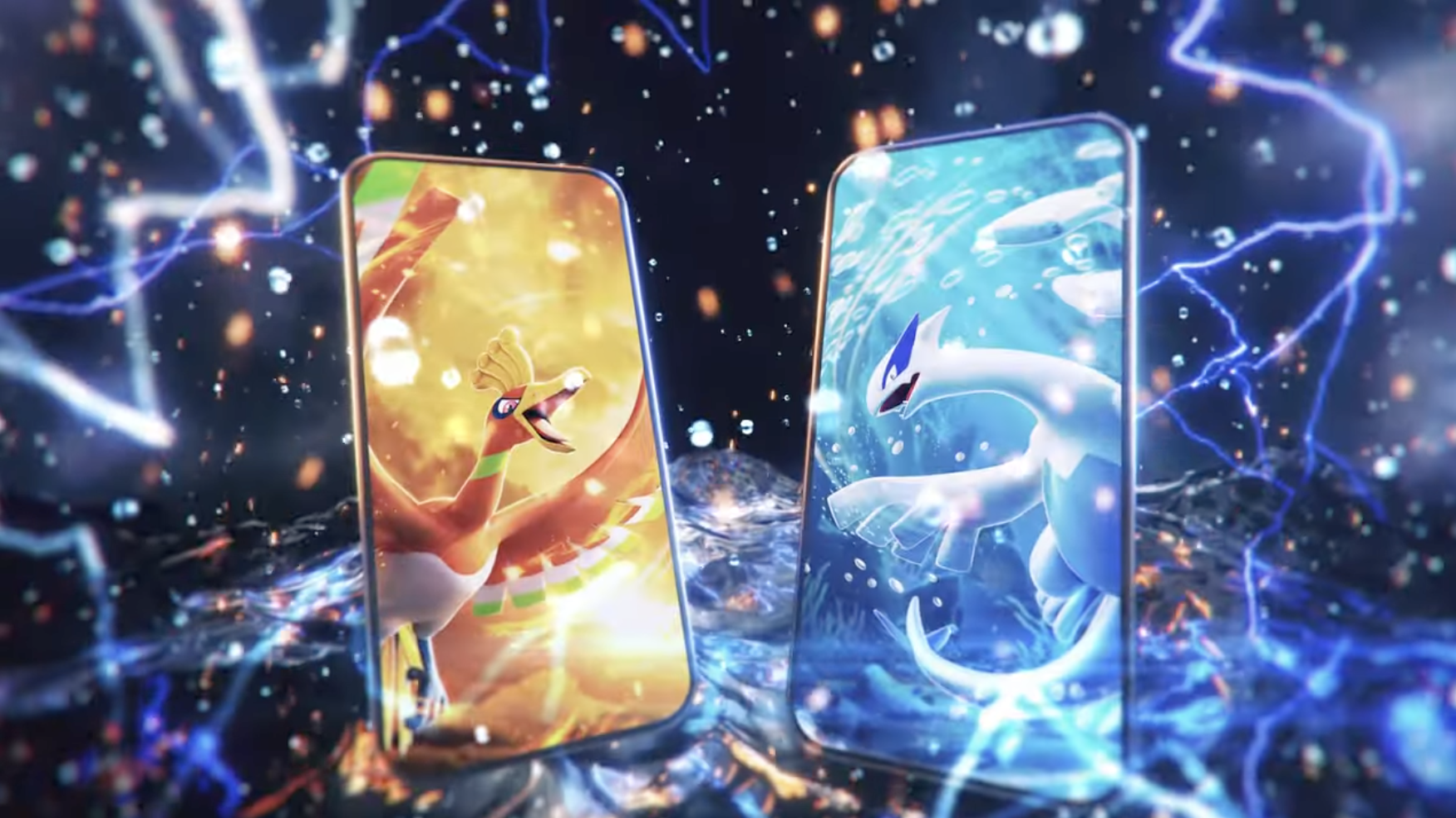 Ho-oh e Lugia em smartphones em arte-chave para a sabedoria do mar e o céu expansão Gold Silver Booster pacote em Pokemon TCG Pocket