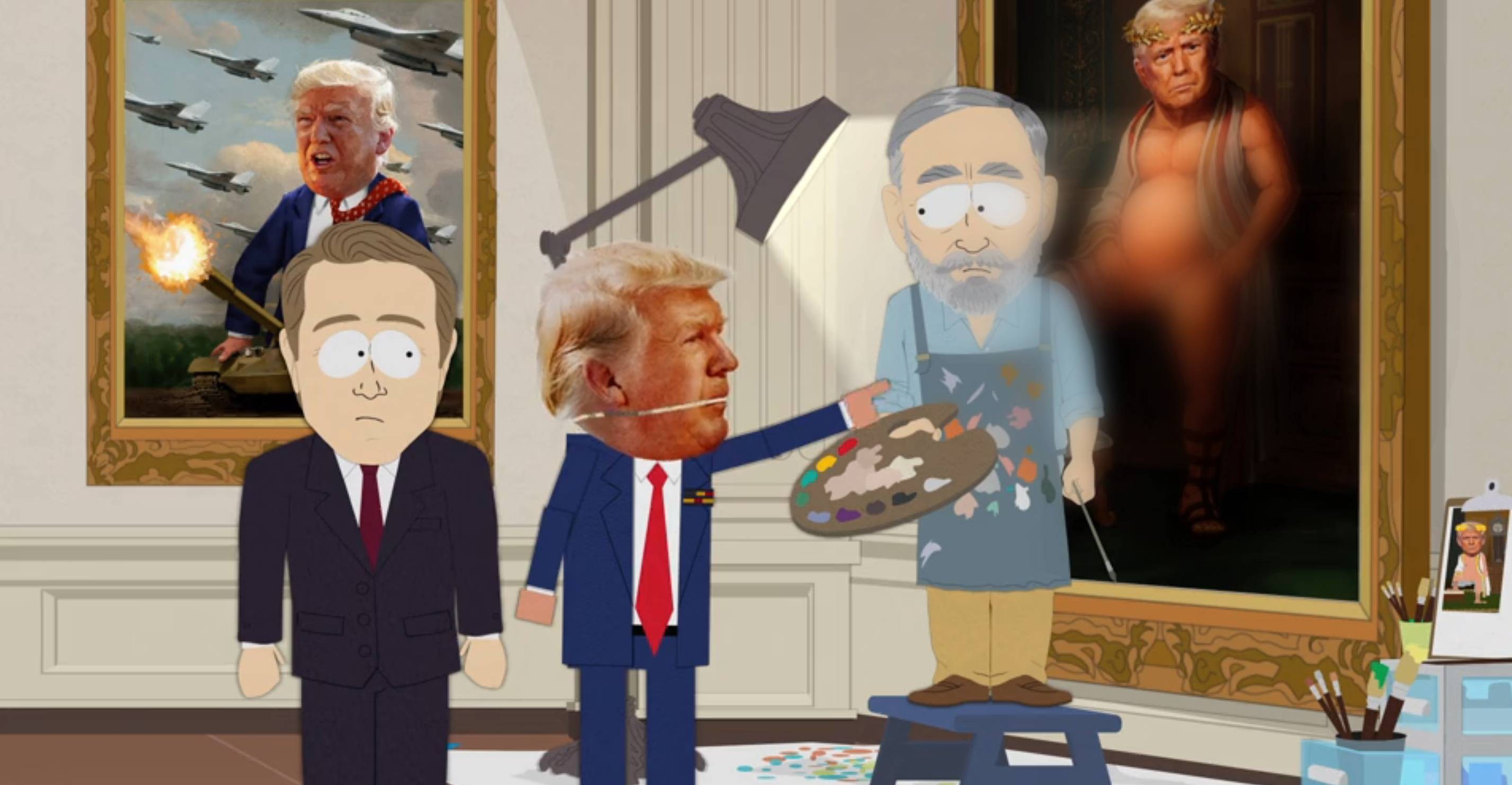 Trump grita com um artista pintando uma pintura desagradável dele em South Park Trump grita com um artista pintando uma pintura desagradável dele em South Park