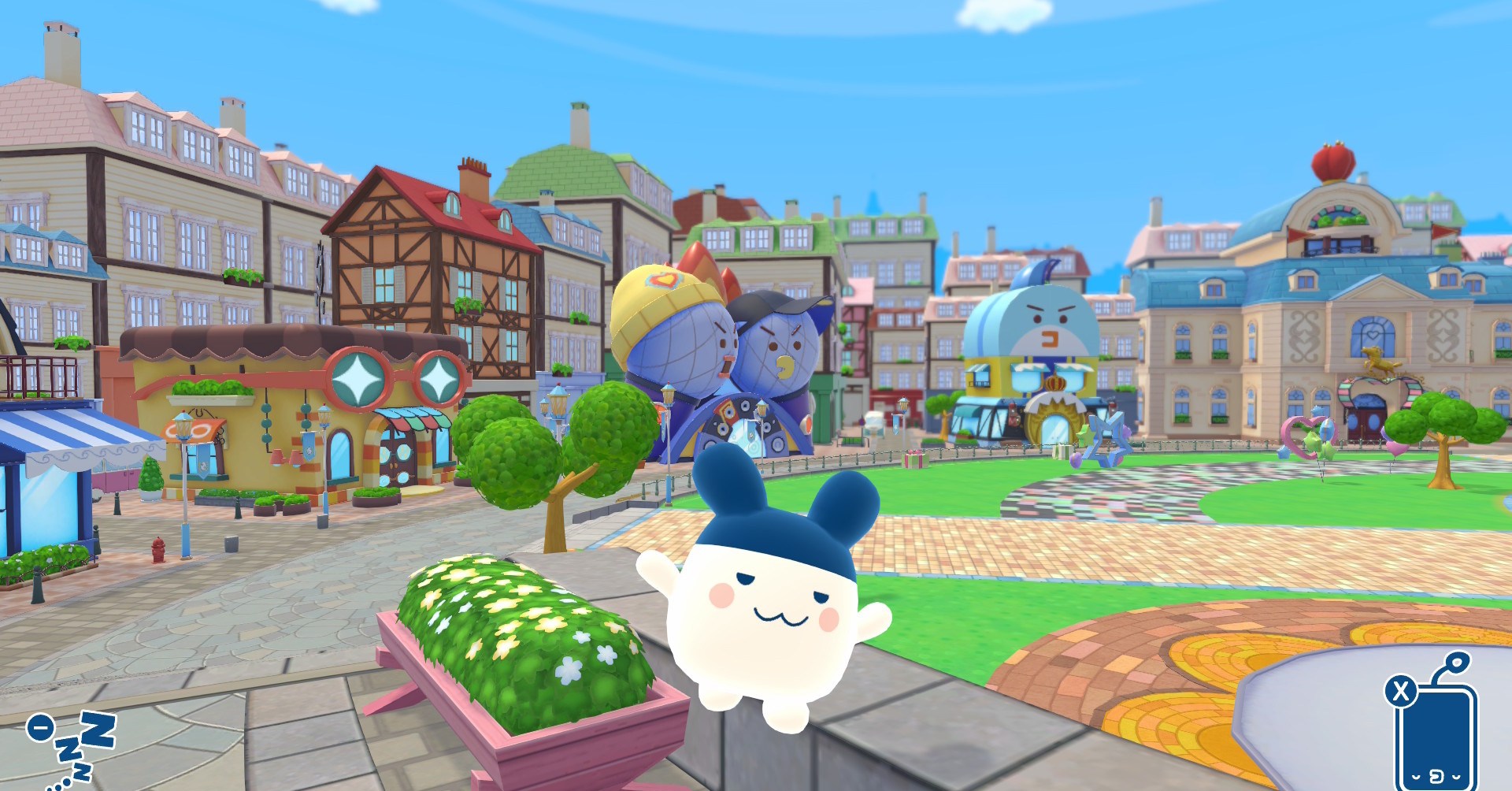 Um coelho Tamagotchi pulando pela praça em Tamagotchi Plaza Um coelho Tamagotchi pulando pela praça em Tamagotchi Plaza