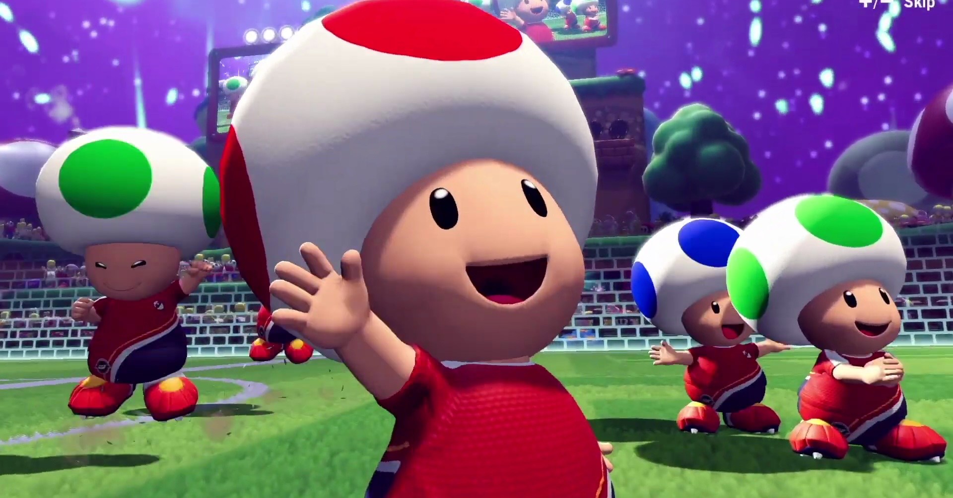 Toad e sua equipe de sapo comemorando após um gol em Mario Strikers: Battle League Toad e sua equipe de sapo comemorando após um gol em Mario Strikers: Battle League
