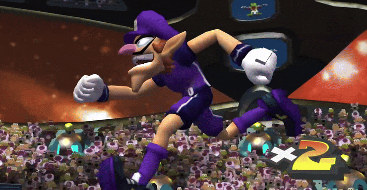 Waluigi dá a costeleta de virilha em Super Mario Strikers Waluigi dá a costeleta de virilha em Super Mario Strikers