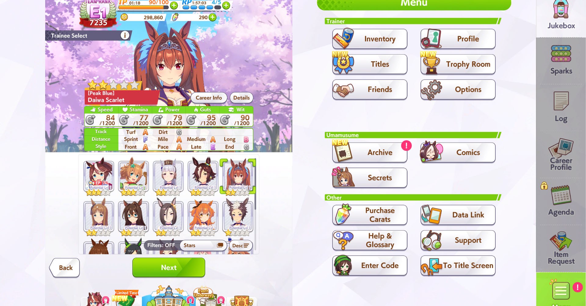 Uma captura de tela de Derby bonita de umamusume mostrando o Meny e a lista de personagens de Treinee
