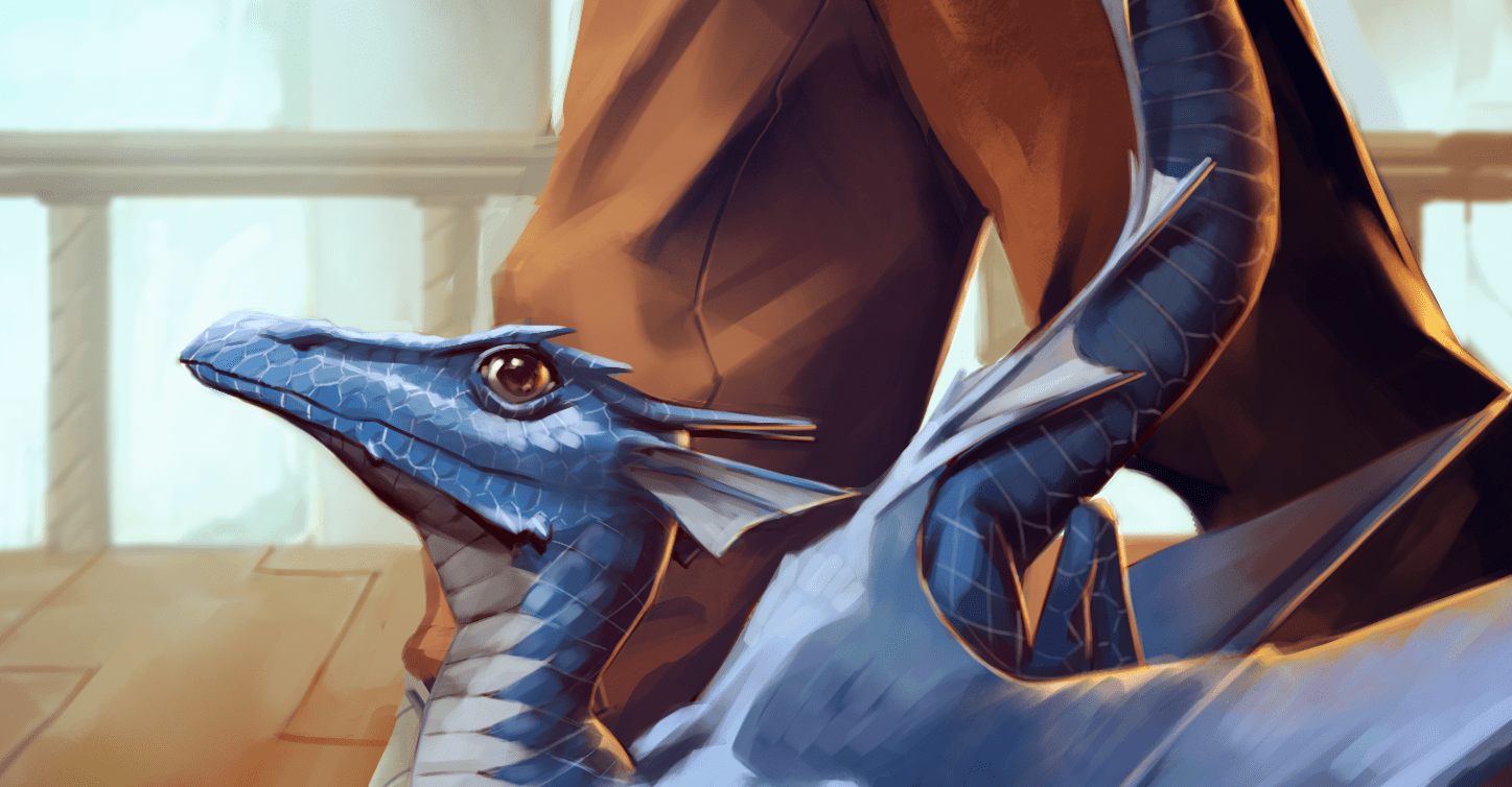 Um pequeno dragão azul caminha ao lado de uma pessoa na arte dos suplementos de D&D Pets & Sidekicks Um pequeno dragão azul caminha ao lado de uma pessoa na arte dos suplementos de D&D Pets & Sidekicks