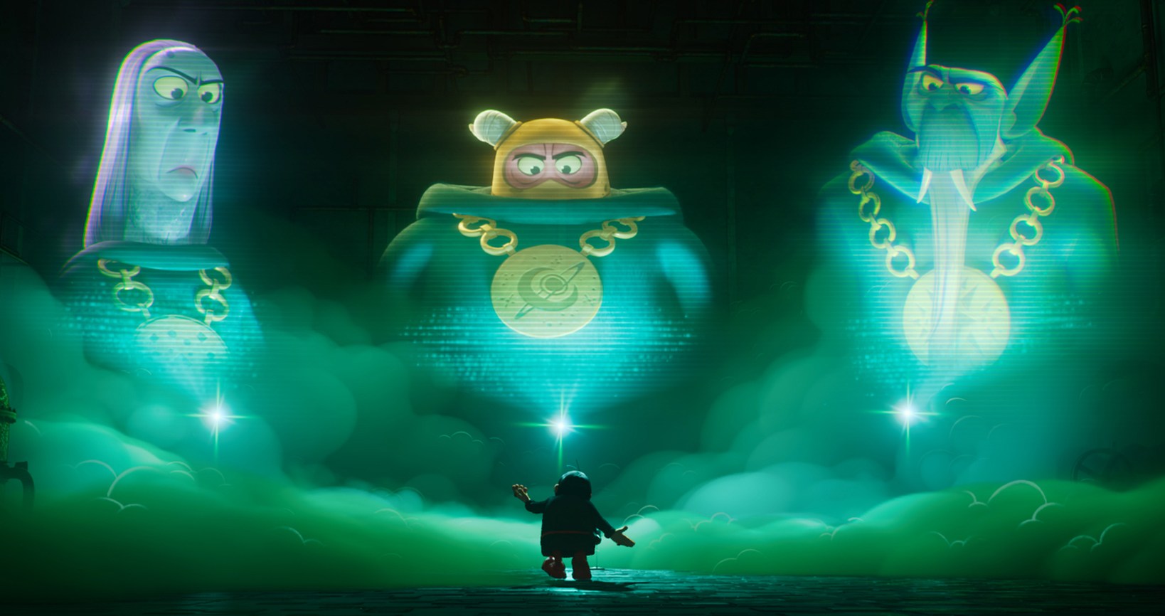 Três assistentes do mal, aparecem em projeções verdes gigantes em um quarto em silhueta no filme de 2025 Smurfs Três assistentes do mal, aparecem em projeções verdes gigantes em um quarto em silhueta no filme de 2025 Smurfs