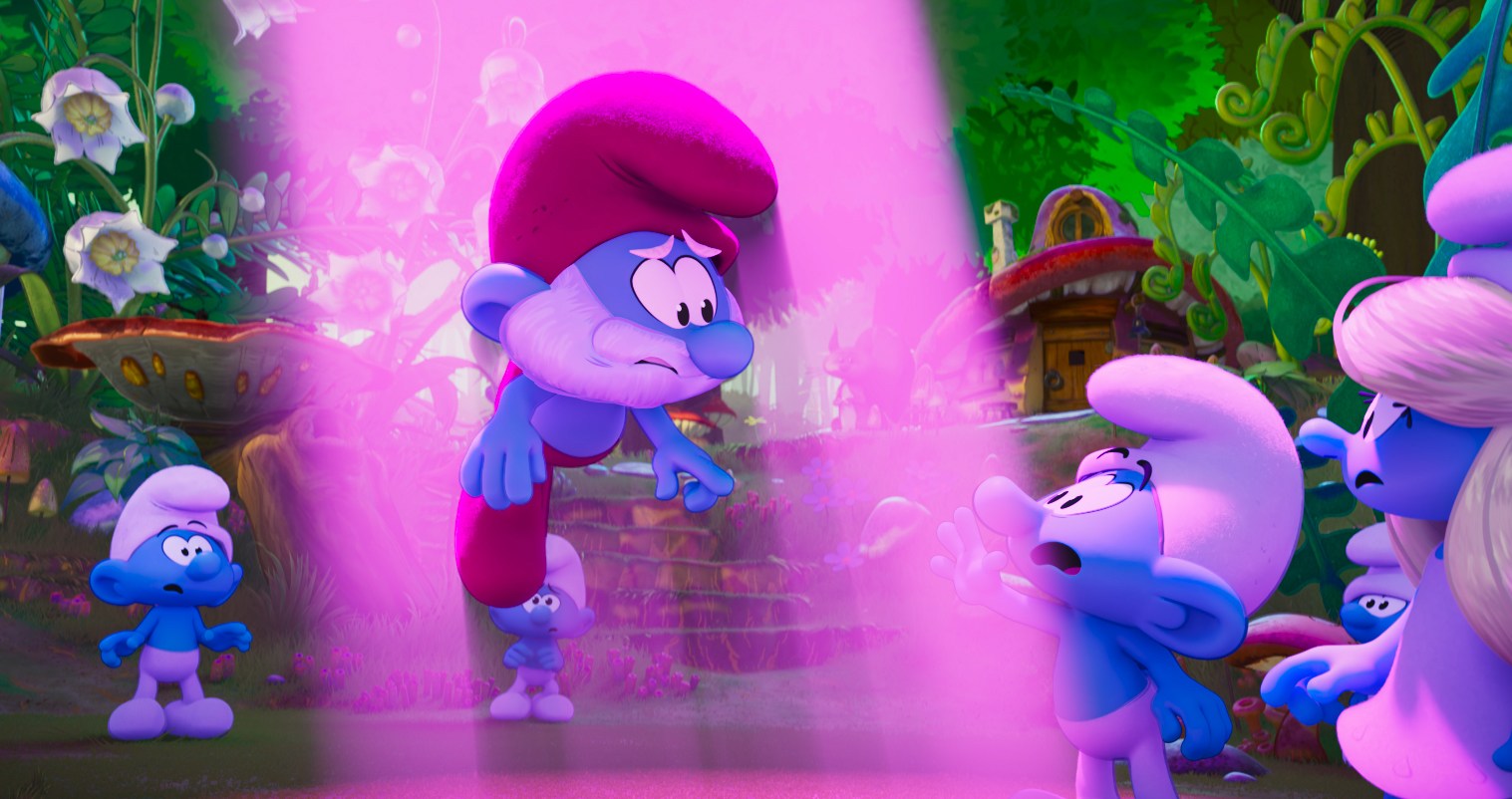 Papa Smurf é sugado em um feixe de trator roxo no filme de 2025 Smurfs Papa Smurf é sugado em um feixe de trator roxo no filme de 2025 Smurfs