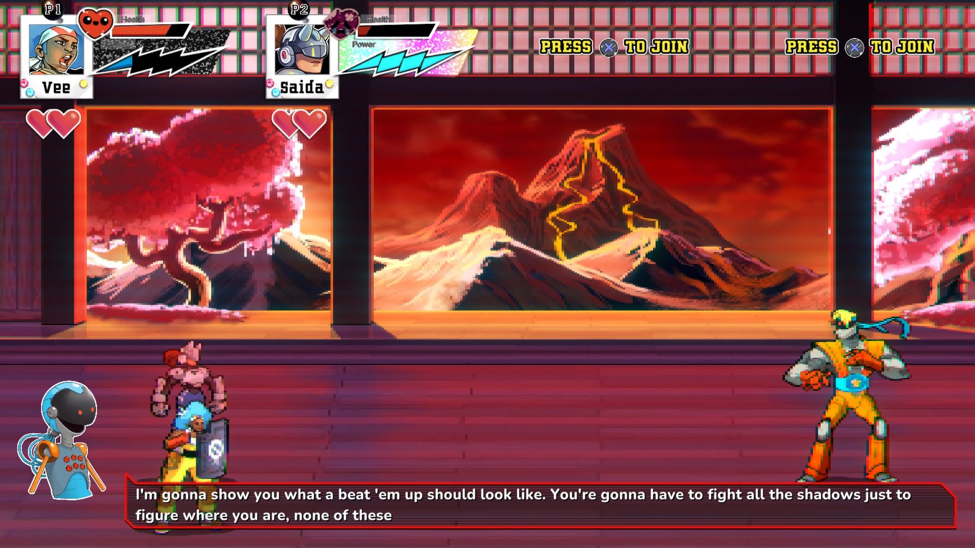 Um nível do jogo, apresentando um estilo de arte pixel. Infelizmente, não há bandeira flutuante para designar quem é o jogador 1 e quem é o jogador 2.