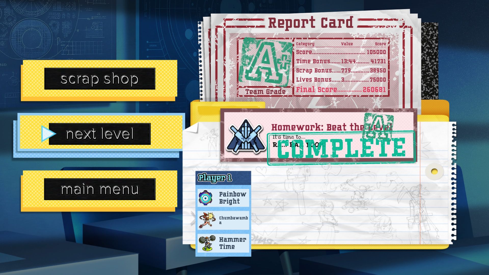 A tela do boletim de final de nível, mostrando uma pontuação A+.