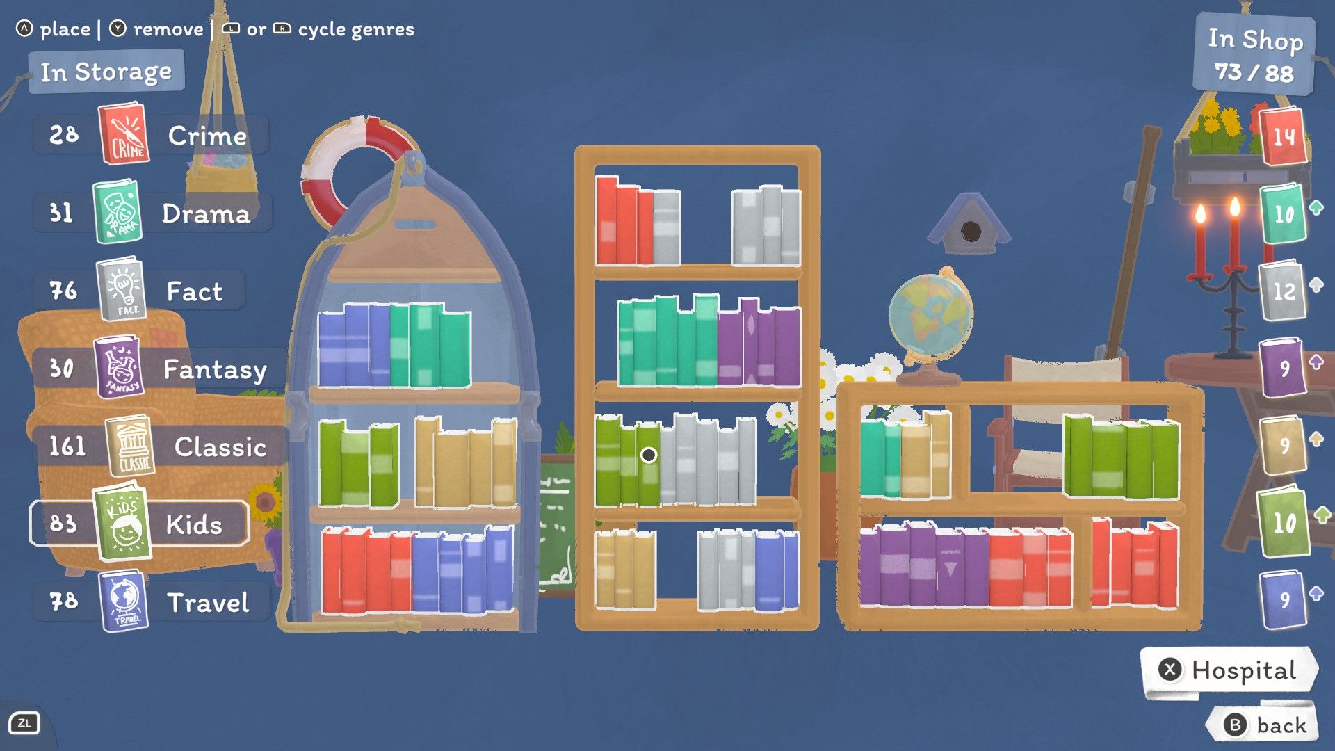 Prateleiras de meia antes de sair para o dia em minúsculas livrarias.