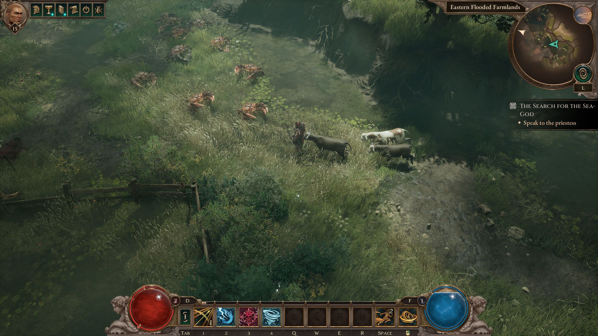 Uma captura de tela do Titan Quest 2 mostrando o personagem em uma área semelhante a um pântano com três vacas atrás delas e um grupo de inimigos de caranguejo na frente deles.