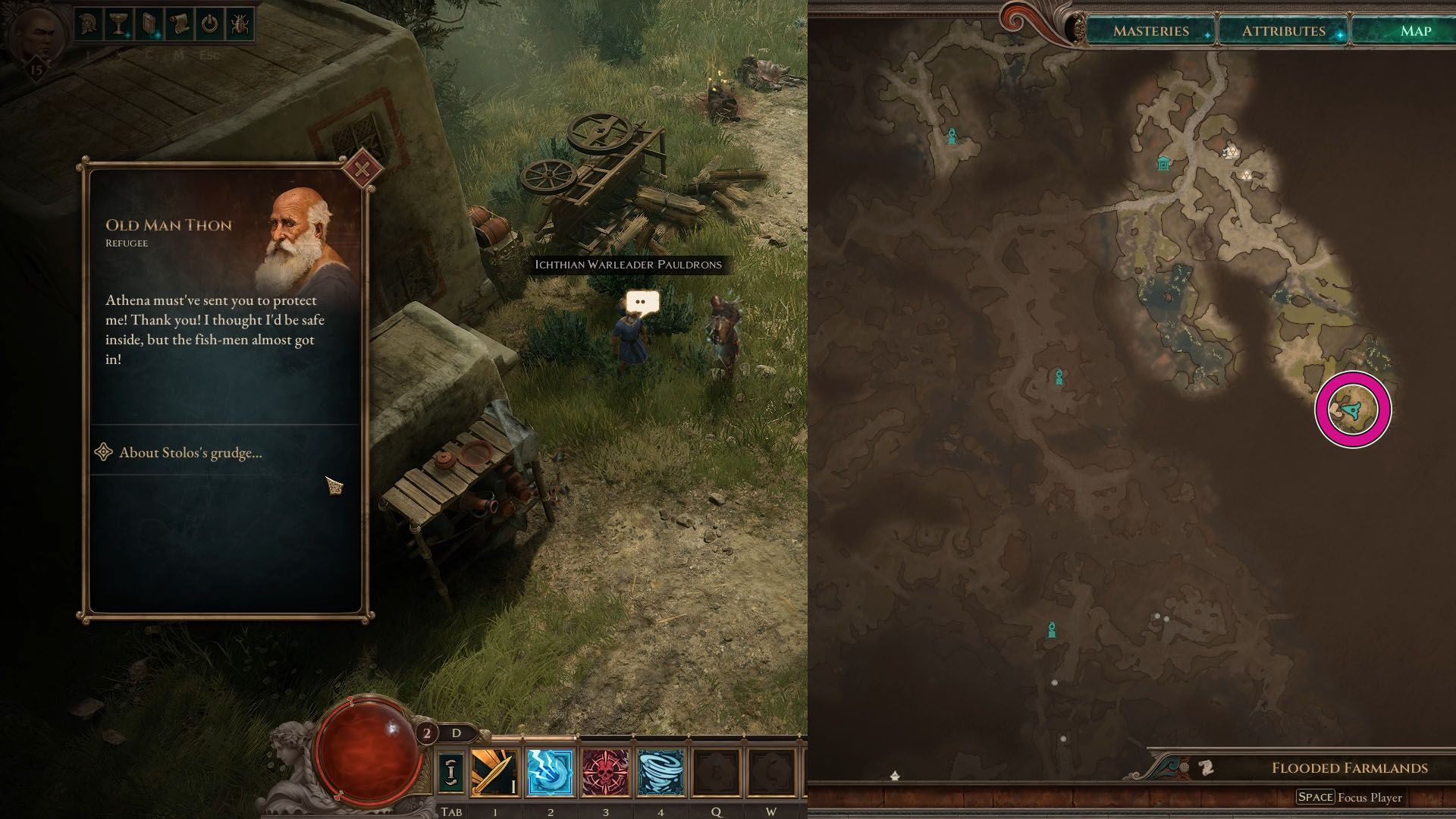 Uma montagem de duas capturas de tela do Titan Quest 2. No lado esquerdo, há uma janela mostrando um retrato de personagem e uma opção de diálogo. No lado direito, há um mapa mostrando onde os jogadores devem ir para encontrar o velho thon