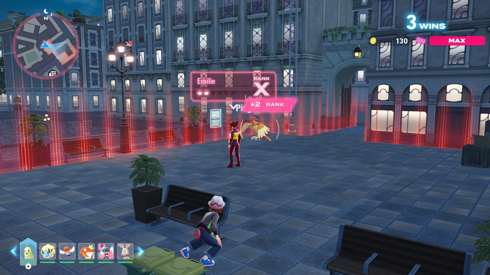 O treinador escondido atrás de um banco enquanto se esgueiram em outro treinador em Pokémon Za.