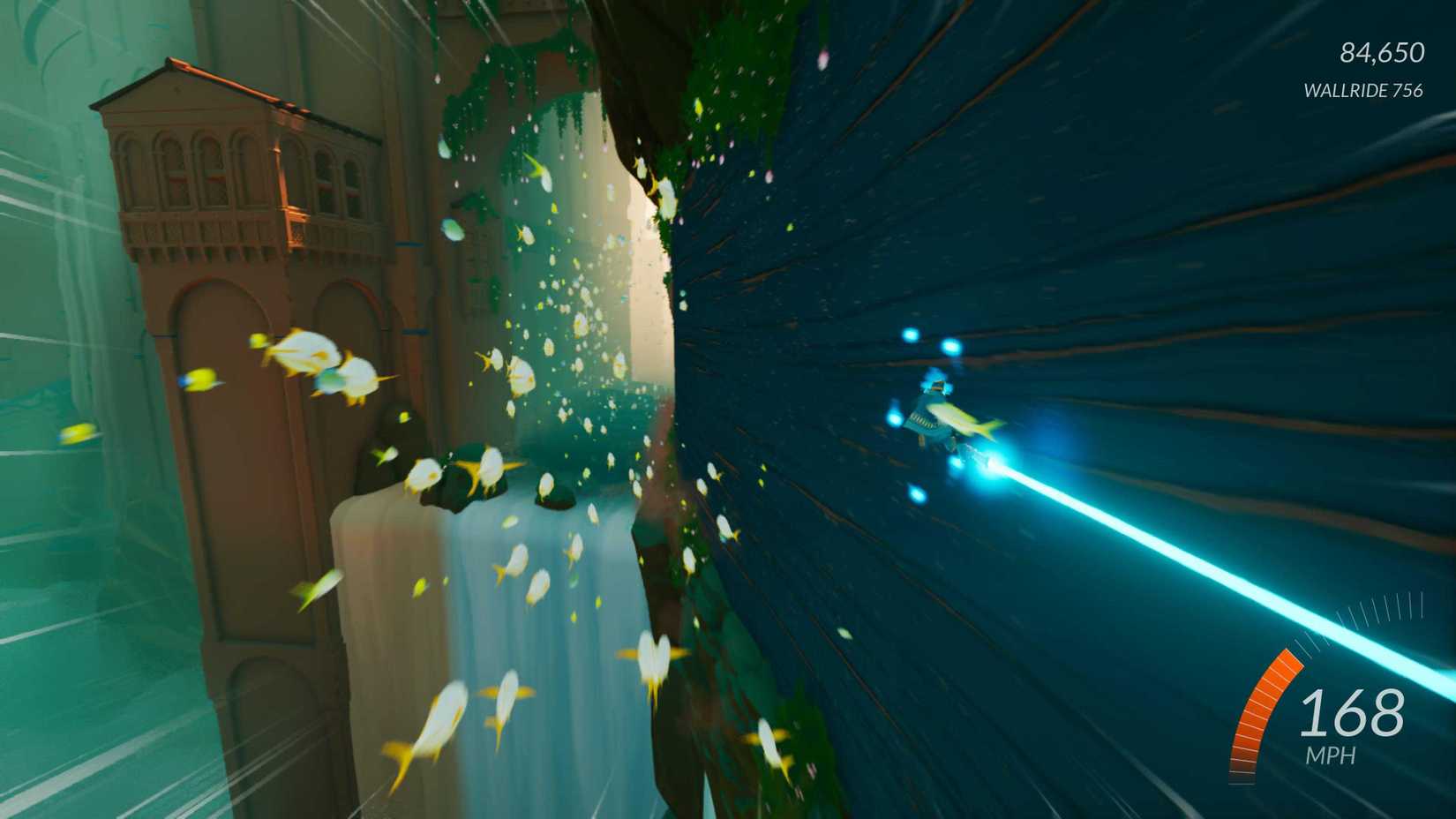 Surfando em uma parede na espada do mar.