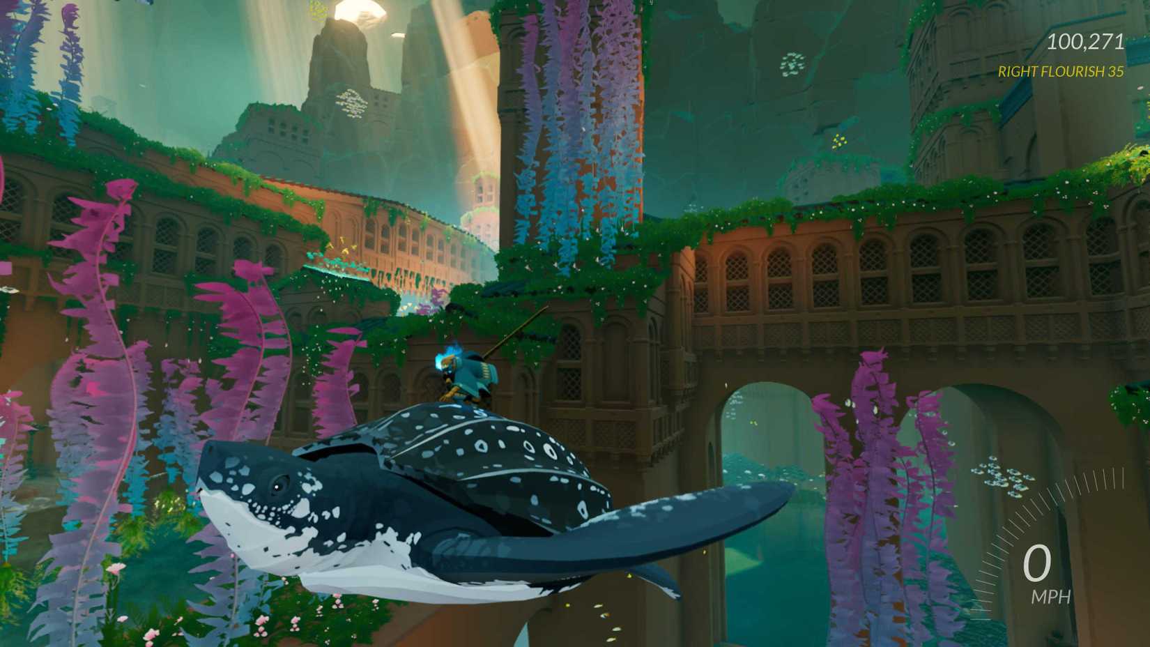 O personagem montando uma tartaruga na espada do mar.